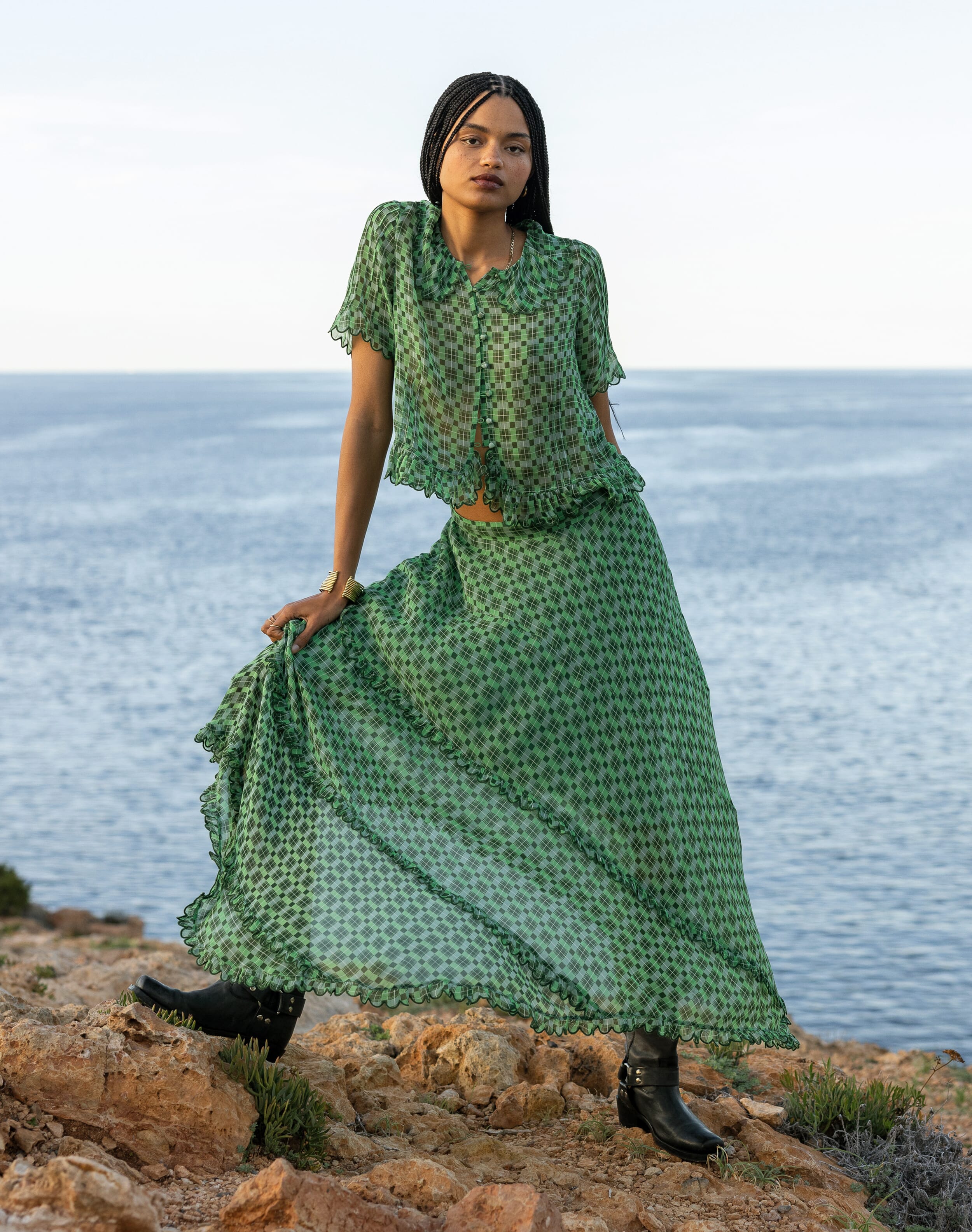 Brora The Check Skirt Khaki & pistachio  - Size: 6