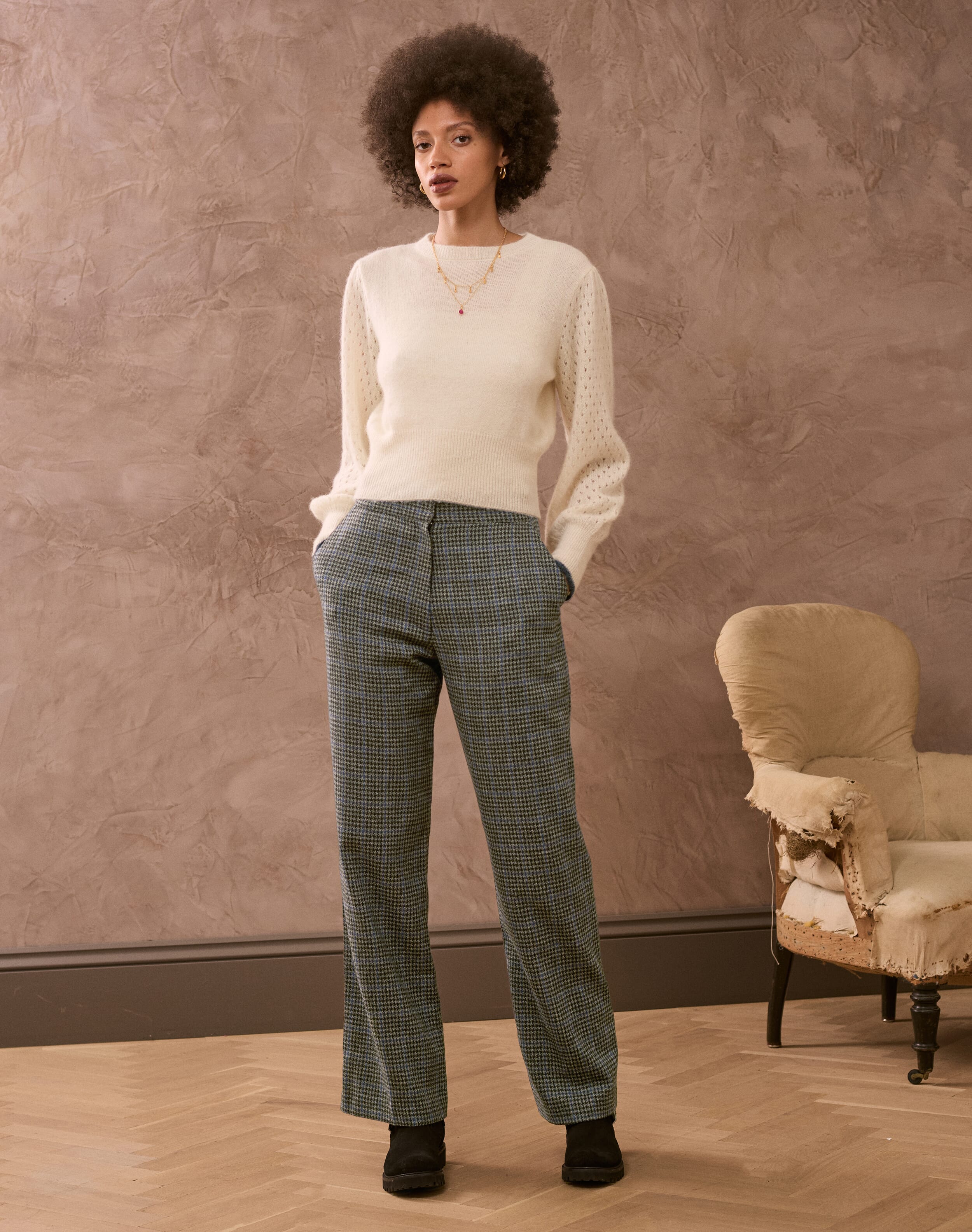 Brora The Houndstooth Wool Trousers Charcoal & cobalt