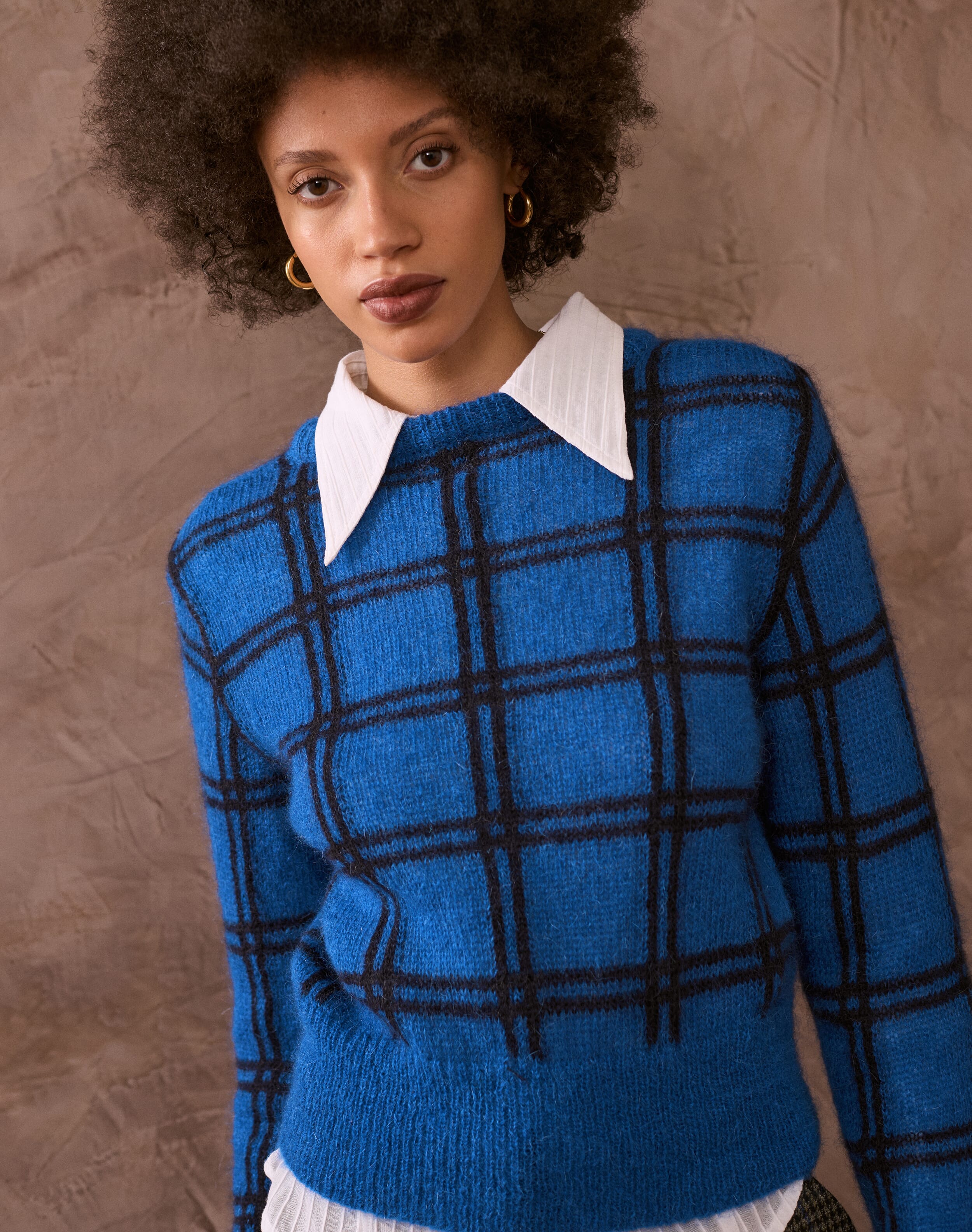 Brora The Mohair Check Jumper Cobalt