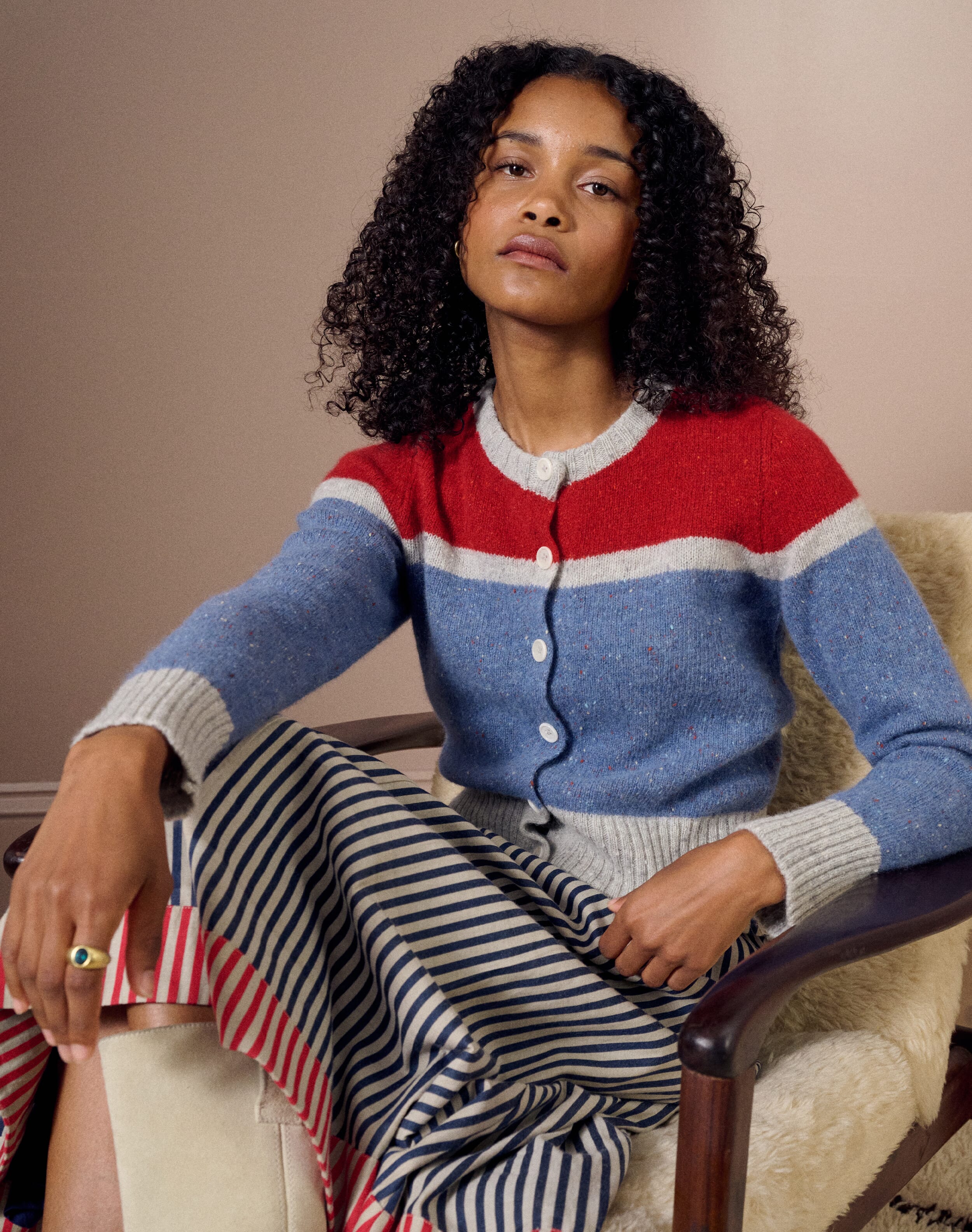 The Wool Donegal Colour Block Cardigan in Storm & Ruby | SKYE