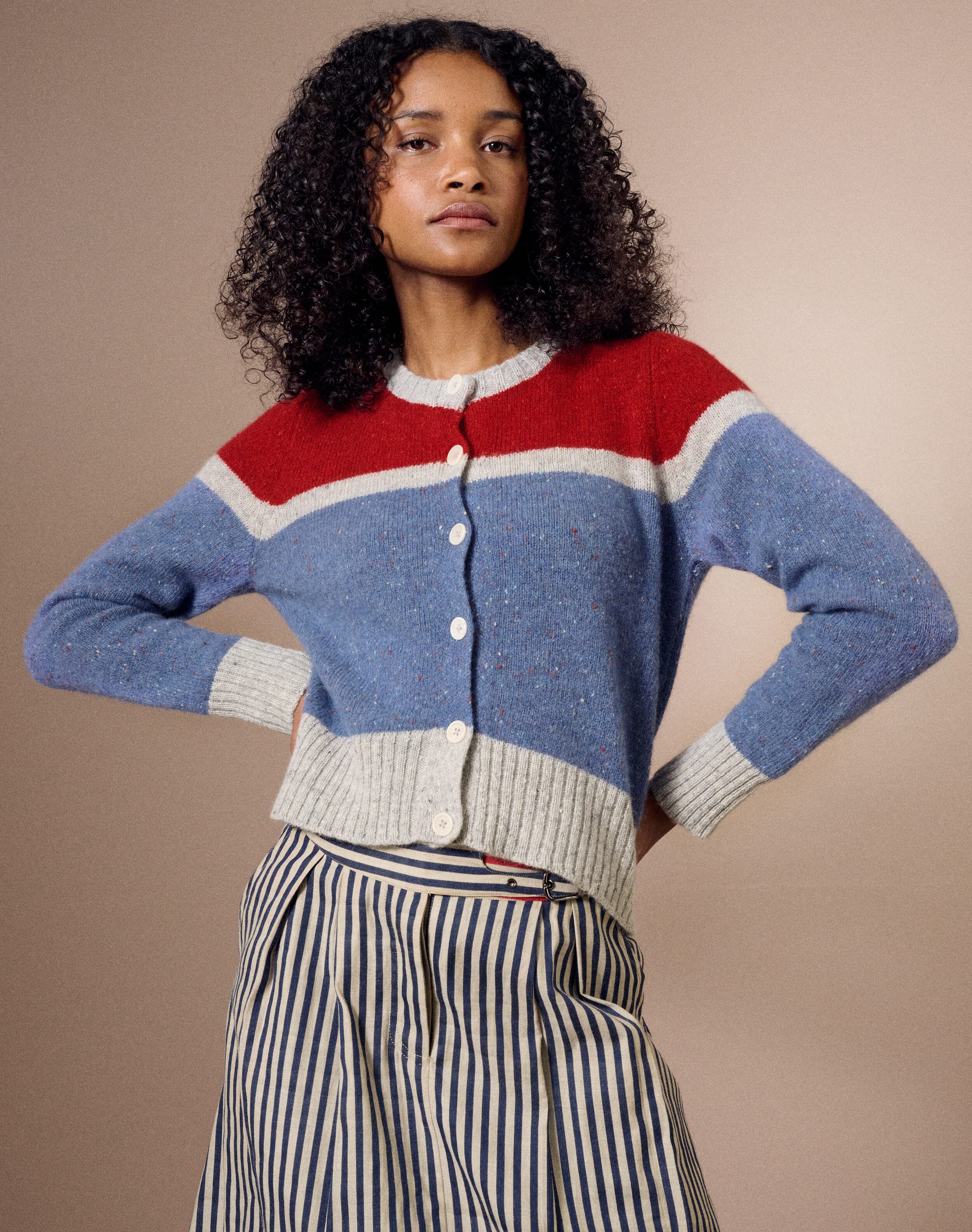 The Wool Donegal Colour Block Cardigan in Storm & Ruby | SKYE