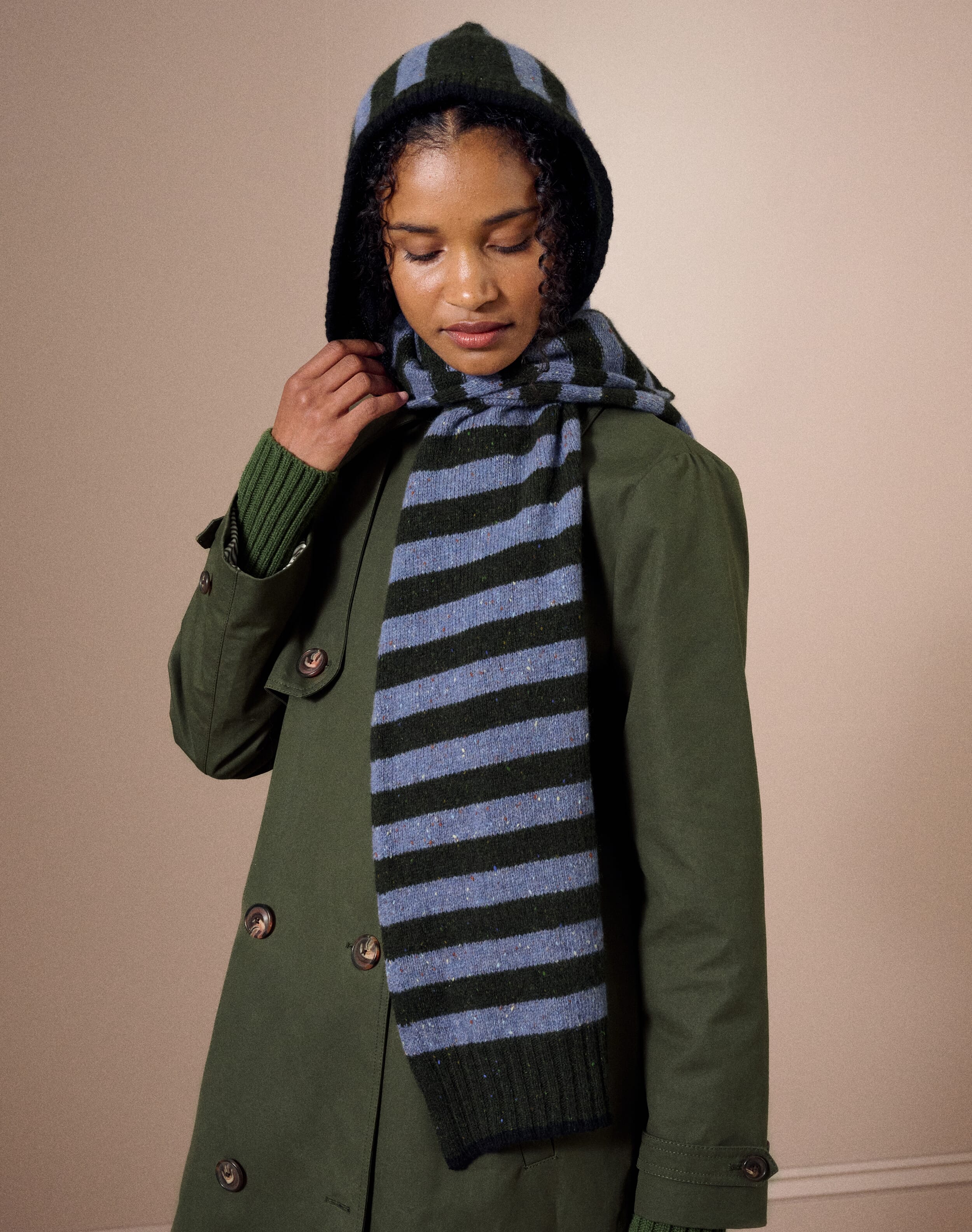 The Wool Donegal Stripe Hood in Storm & Fern | Clearance