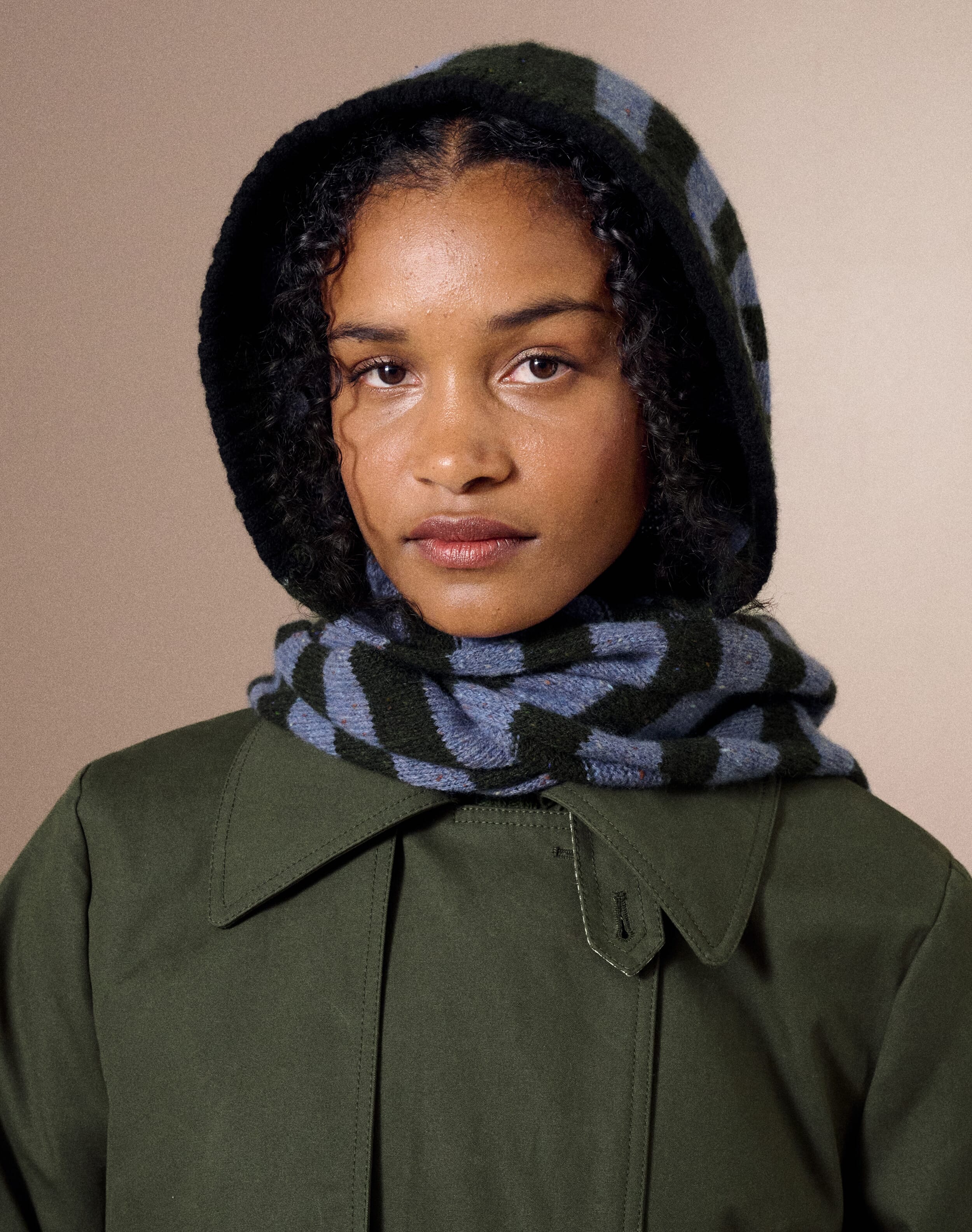 The Wool Donegal Stripe Hood in Storm & Fern | Clearance