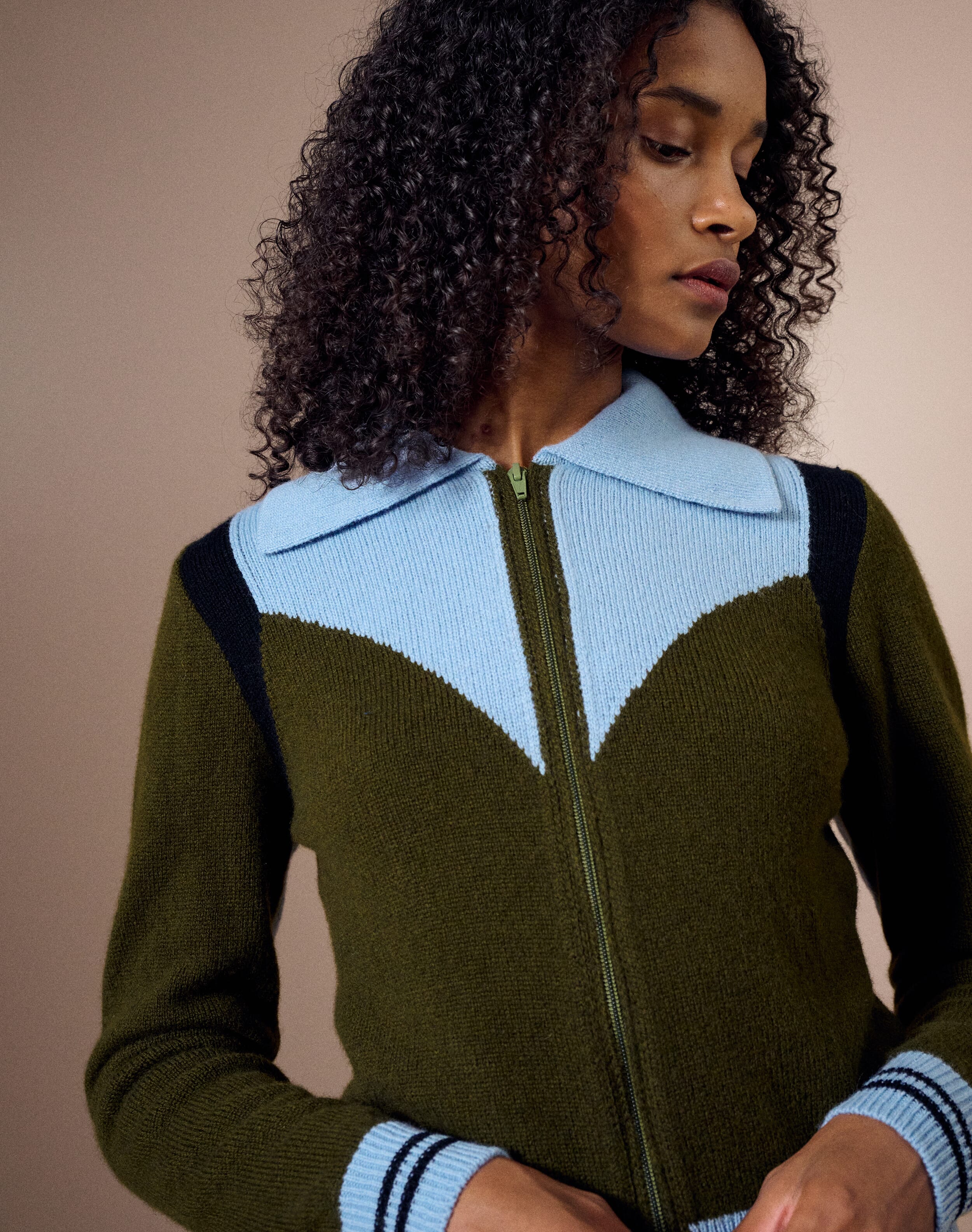 The Supersoft Lambswool Zip Jacket in Olive & Periwinkle | SKYE