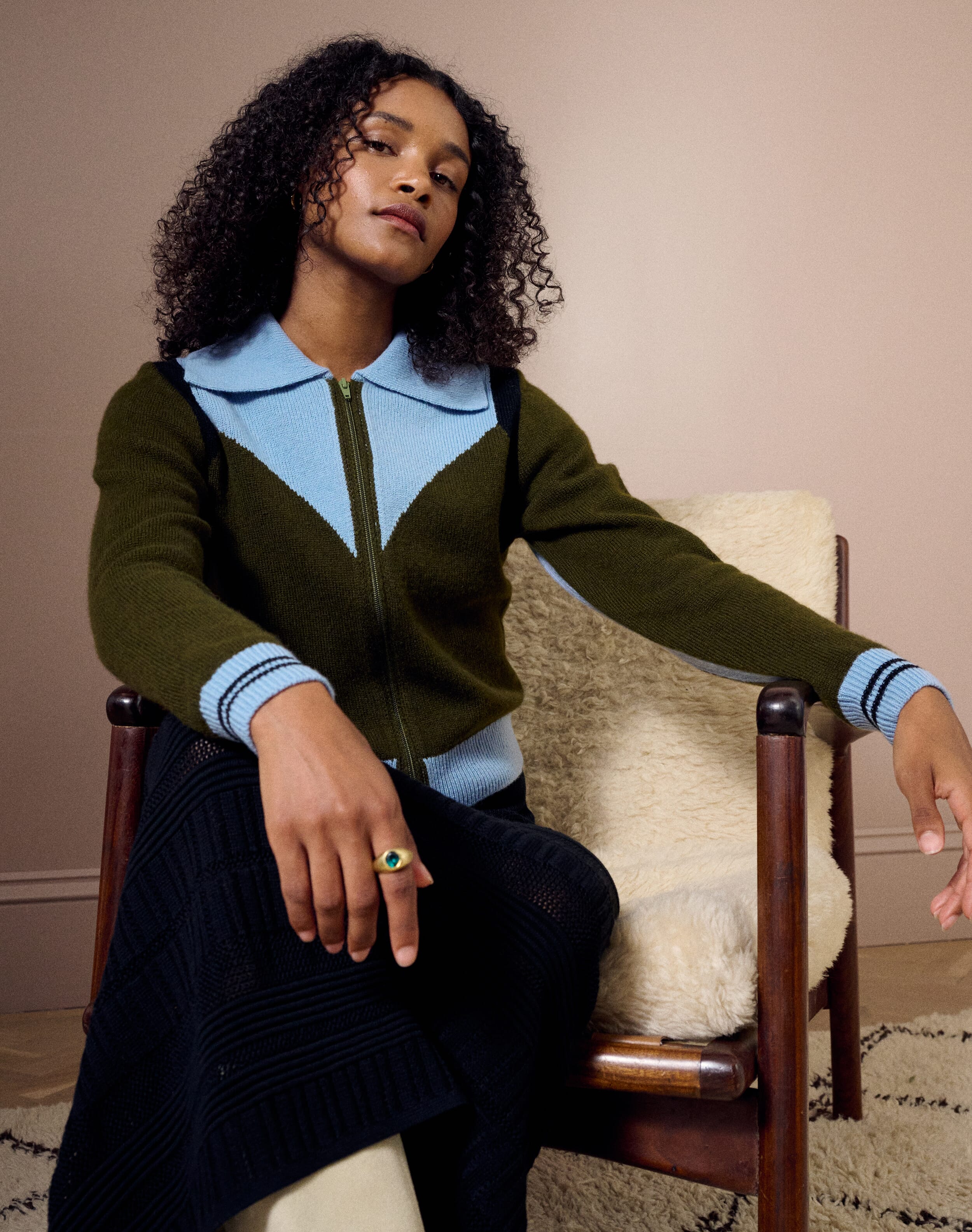 The Supersoft Lambswool Zip Jacket in Olive & Periwinkle | SKYE