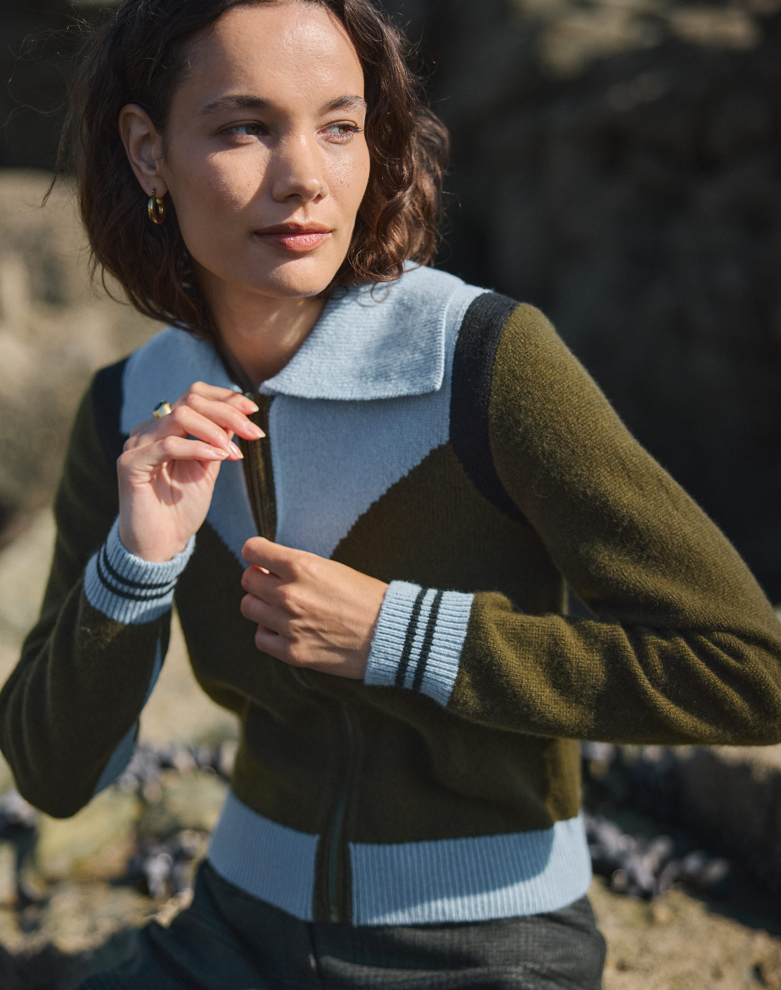 The Supersoft Lambswool Zip Jacket in Olive & Periwinkle | SKYE