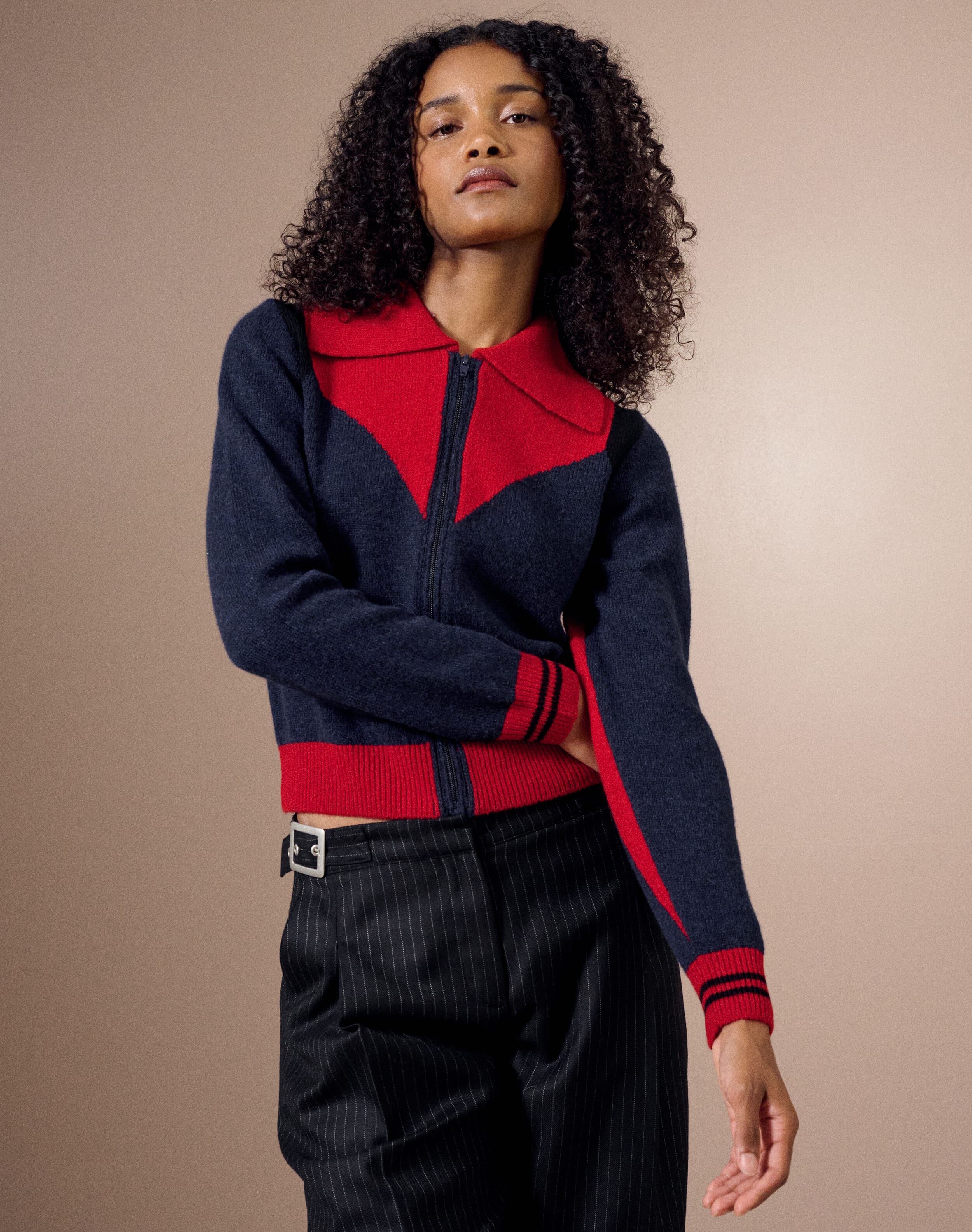 Brora The Supersoft Lambswool Zip Jacket Navy & ruby