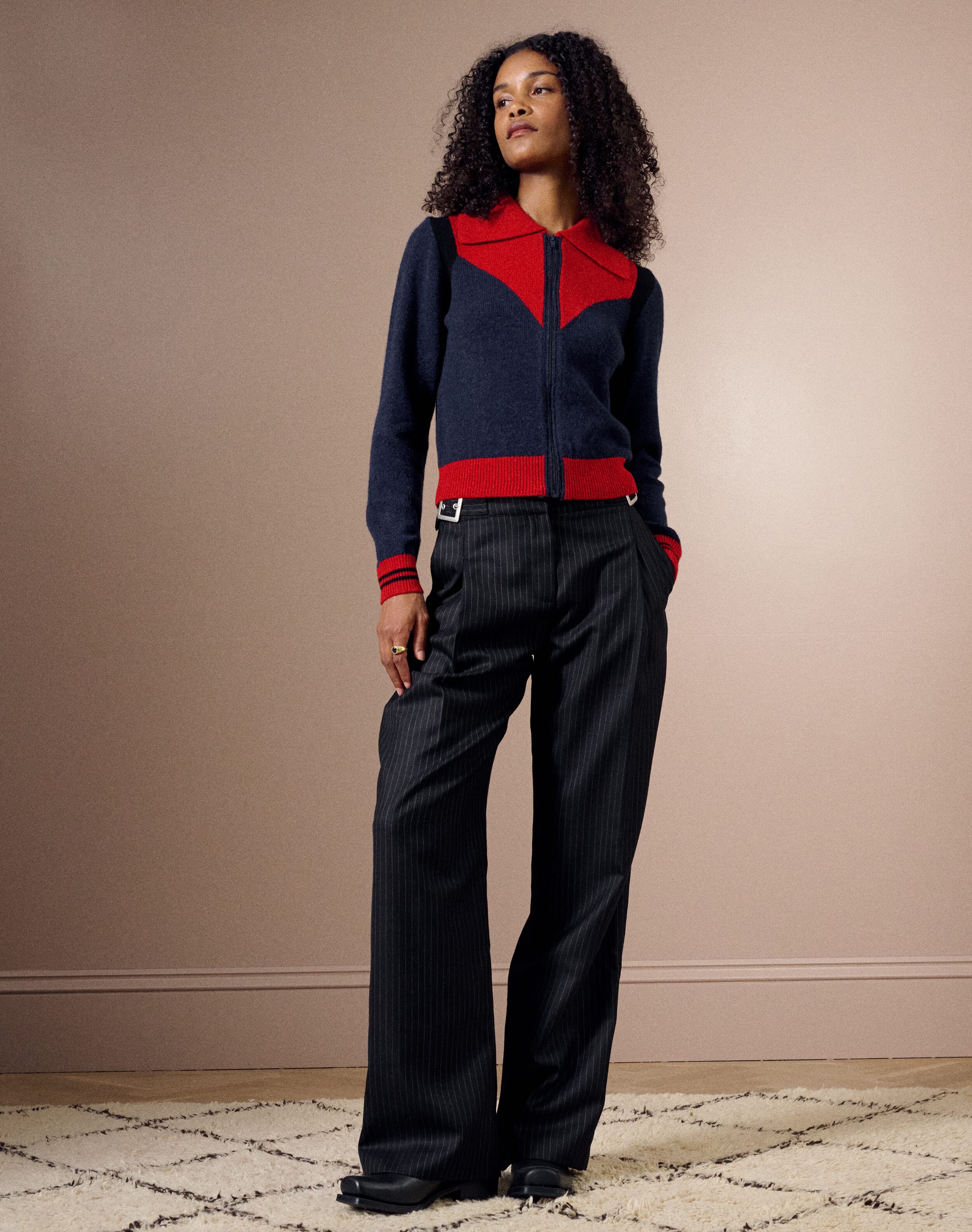 The Supersoft Lambswool Zip Jacket in Navy & Ruby | SKYE