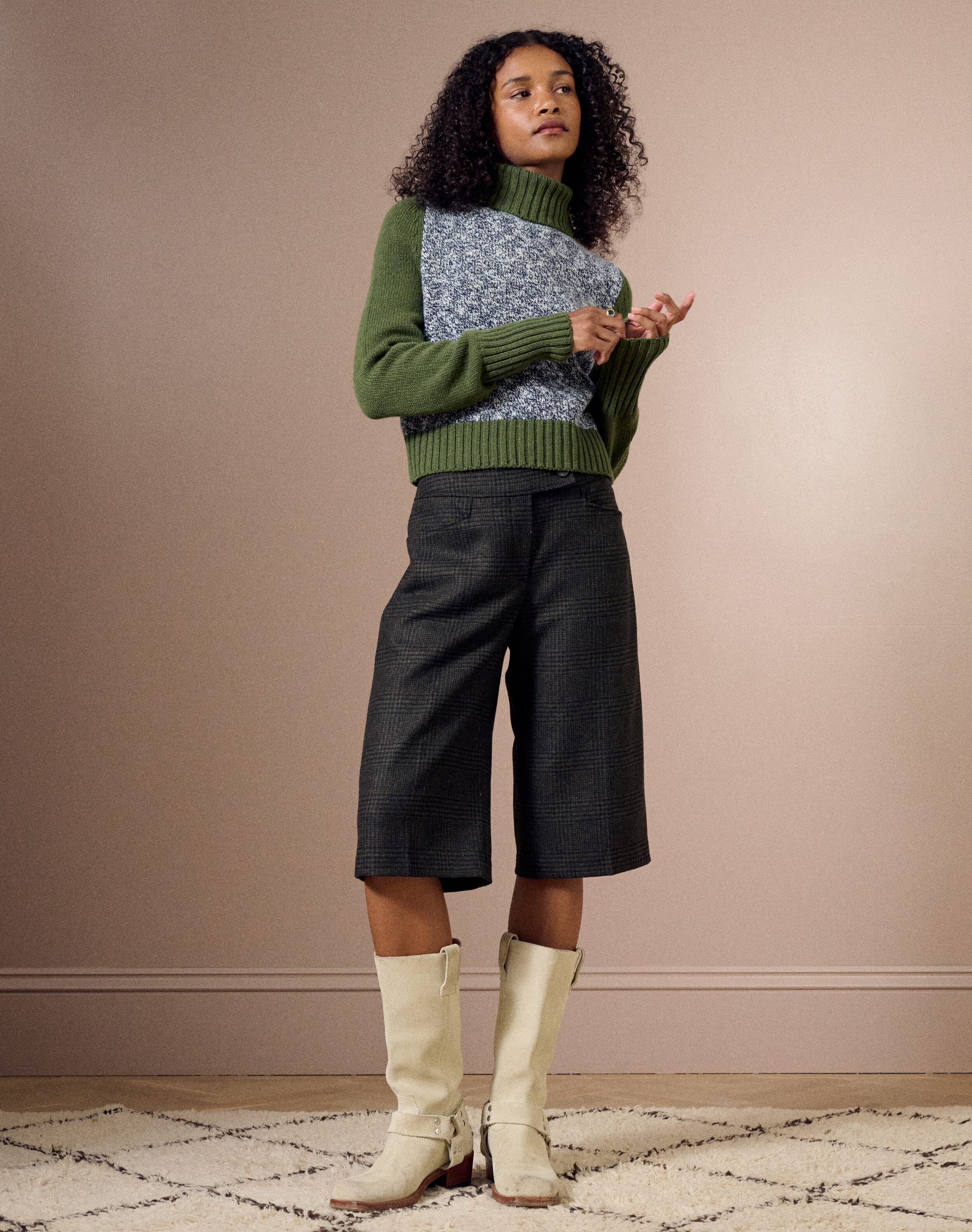 The Colour Block Marl Poloneck in Moss & Navy | Clearance