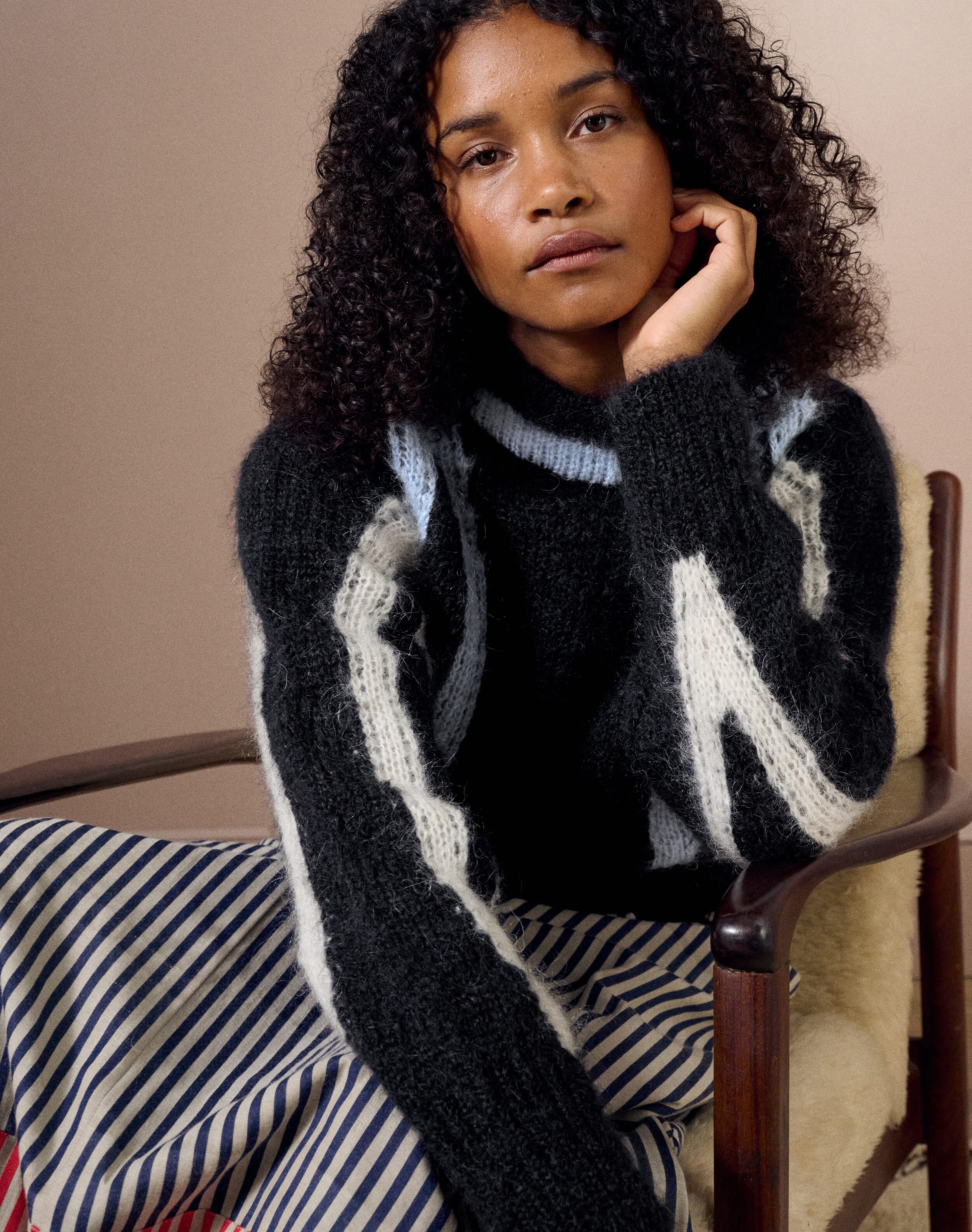 トップス andequal panel design fur knit The Mohair Intarsia Jumper in Black | Womenswear | Clearance
