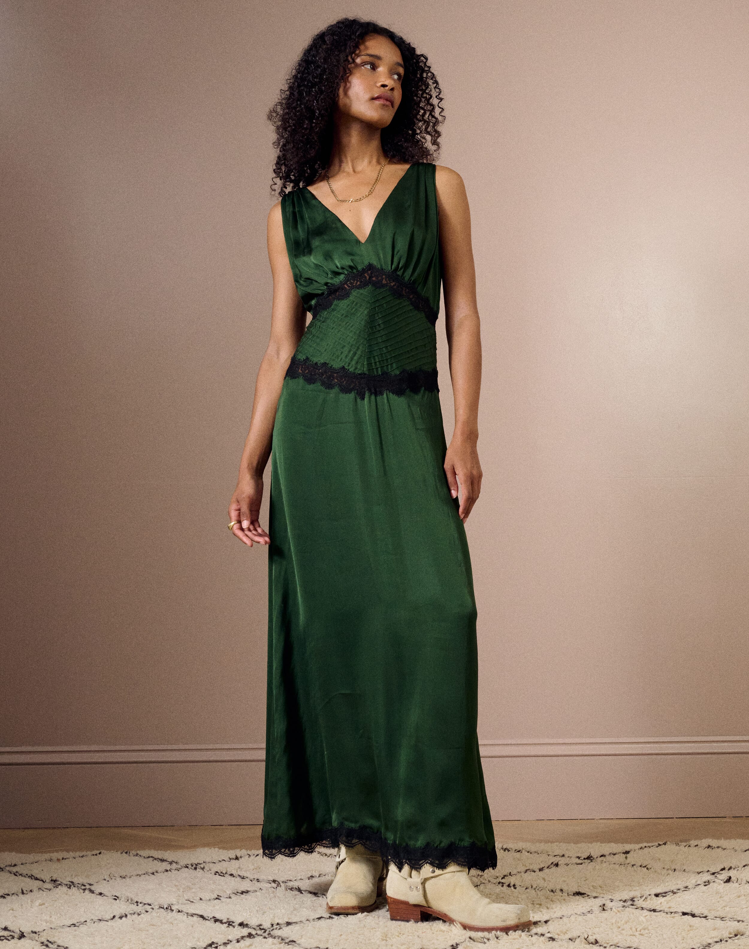 The Satin Lace Dress in Ivy | Womenswear | Clearance