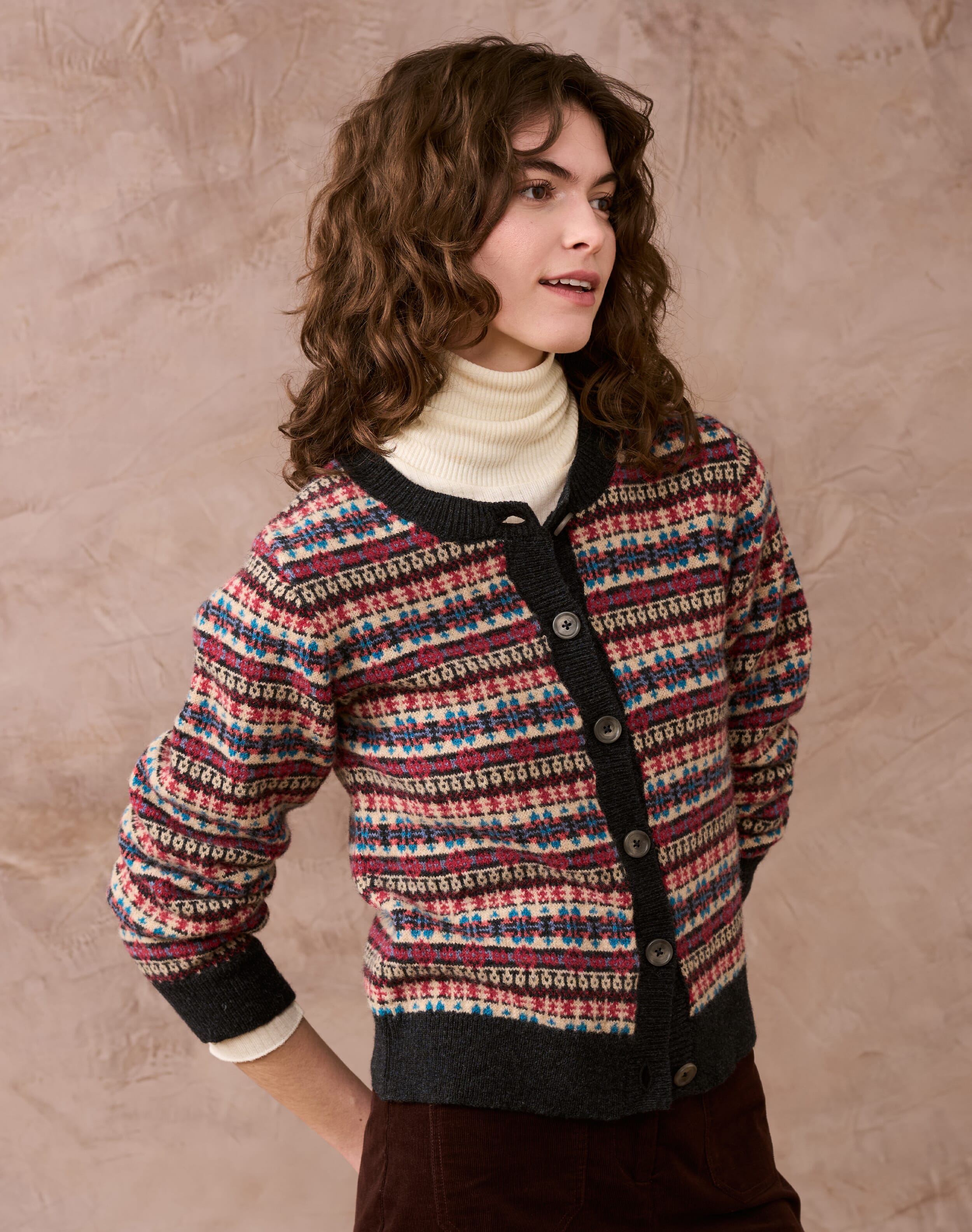 Black Merino Lambswool Fair Isle Cardigan Knitwear Brora