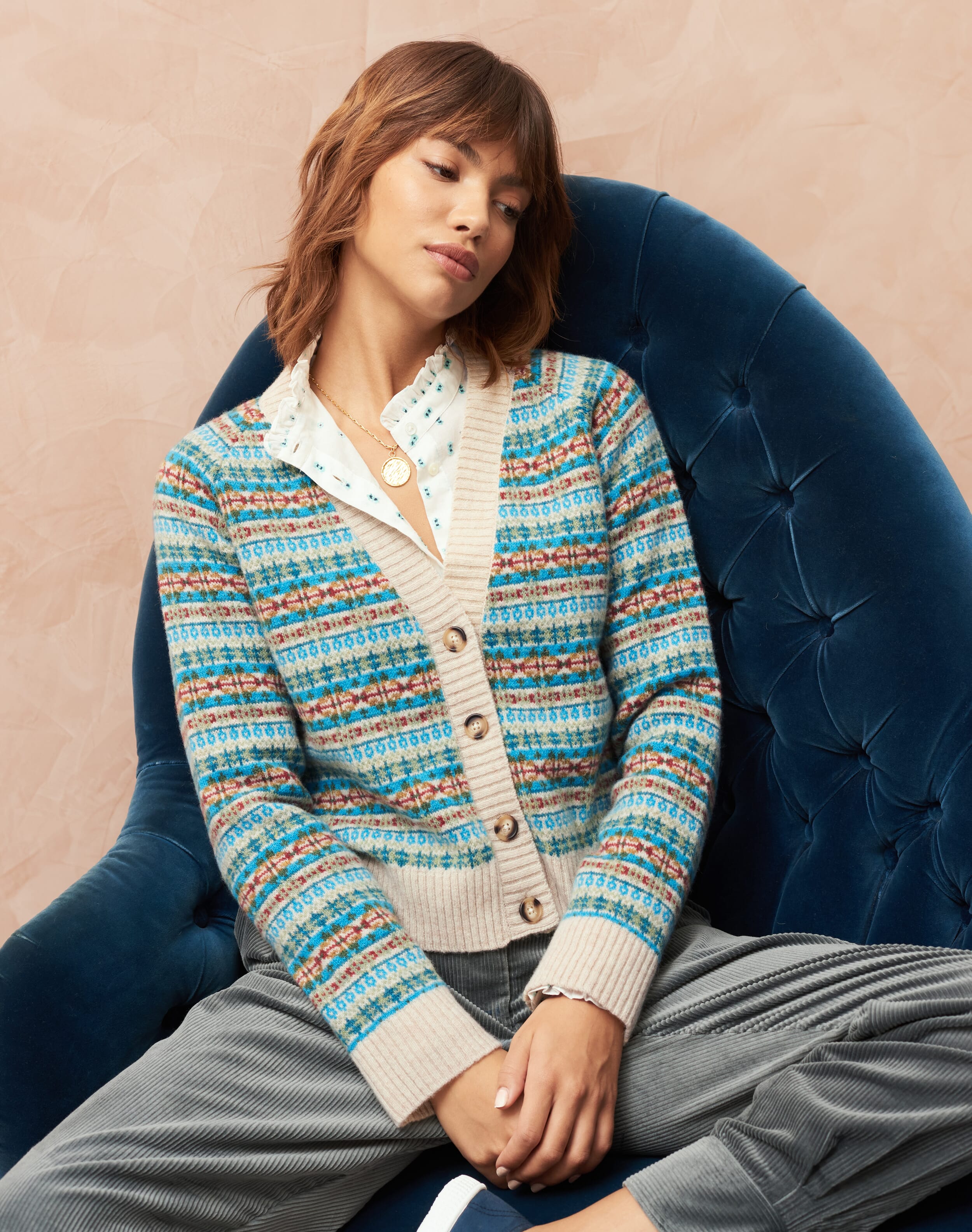 Merino Lambswool Fair Isle V Neck Cardigan in Ecru Brora