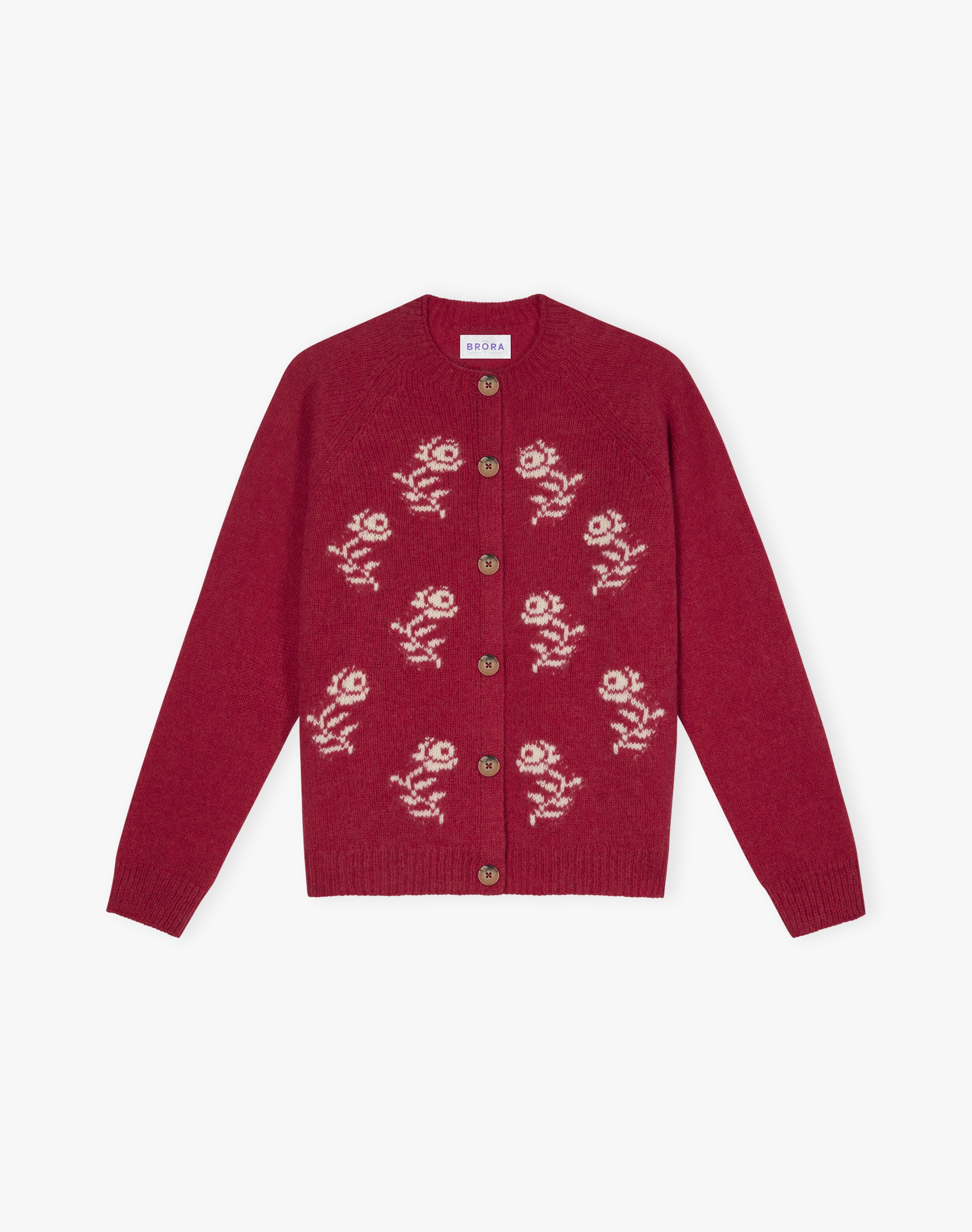 Wool Flower Motif Cardigan in Ruby | Women's Cardigans| Brora