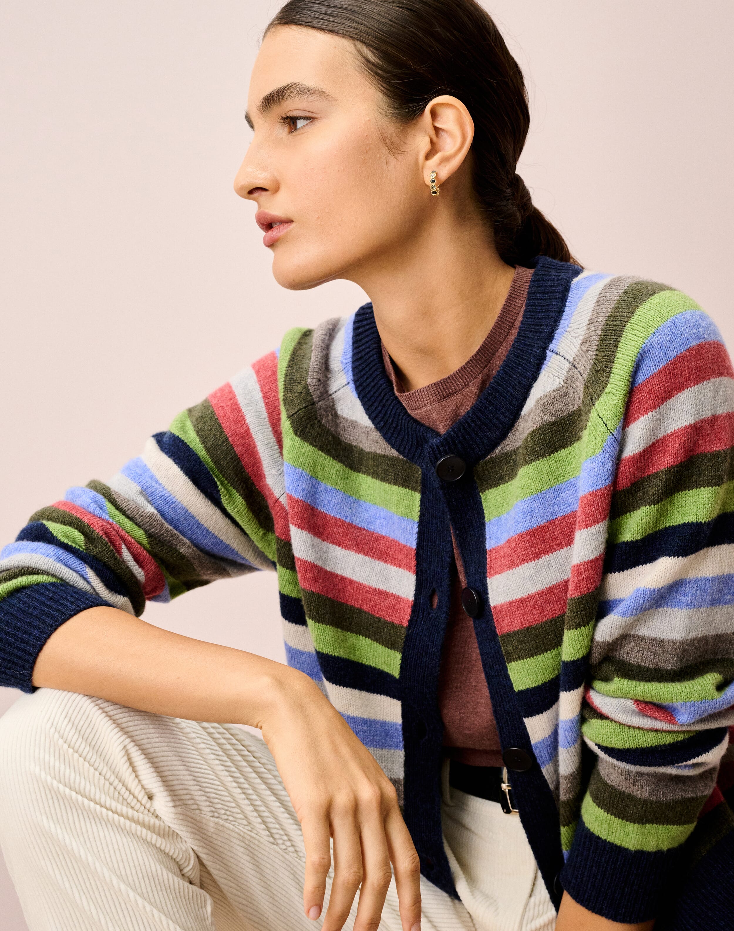 Brora Supersoft Lambswool Stripe Cardigan Navy