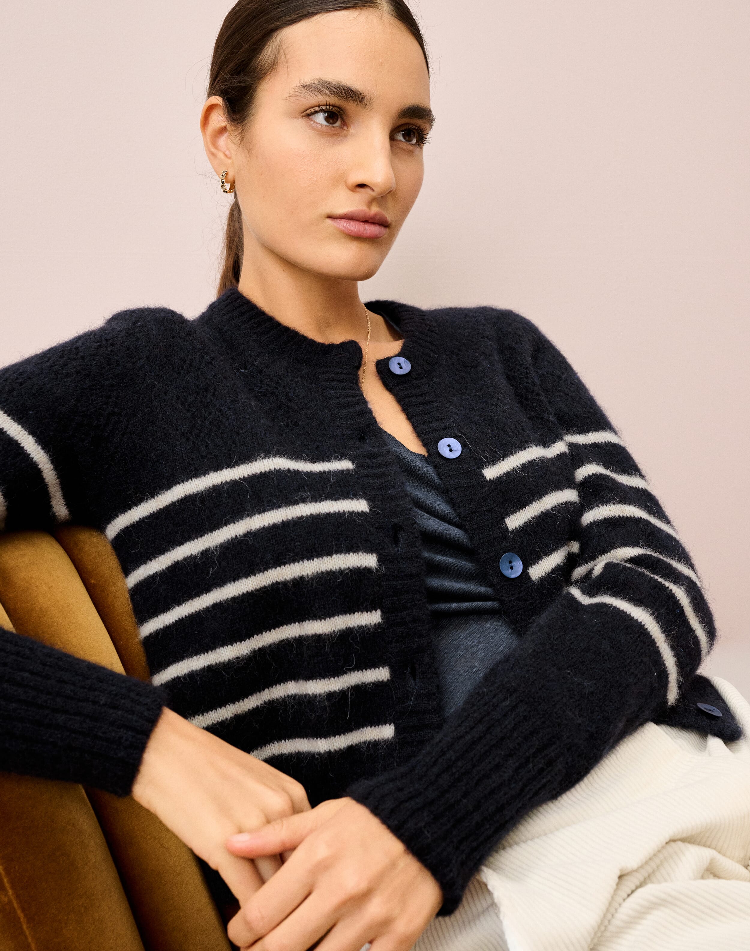 Alpaca Breton Stripe Cardigan in Ink & Biscuit | Brora Sale
