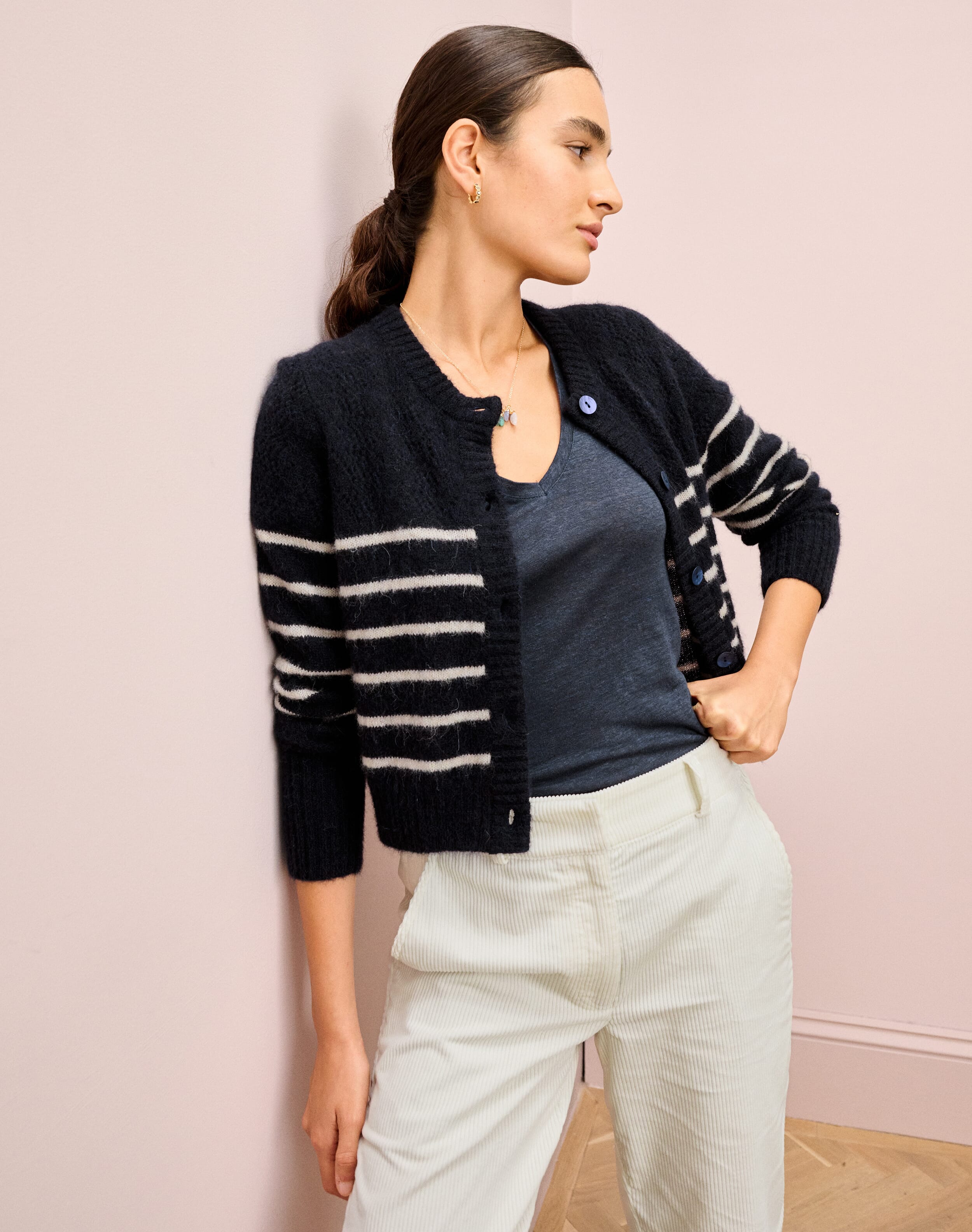 【BLACK】UNDYED ALPACA STRIPE CARDIGAN Indi + Ash Ren Cardigan - Undyed Black Alpaca/Dark Indigo