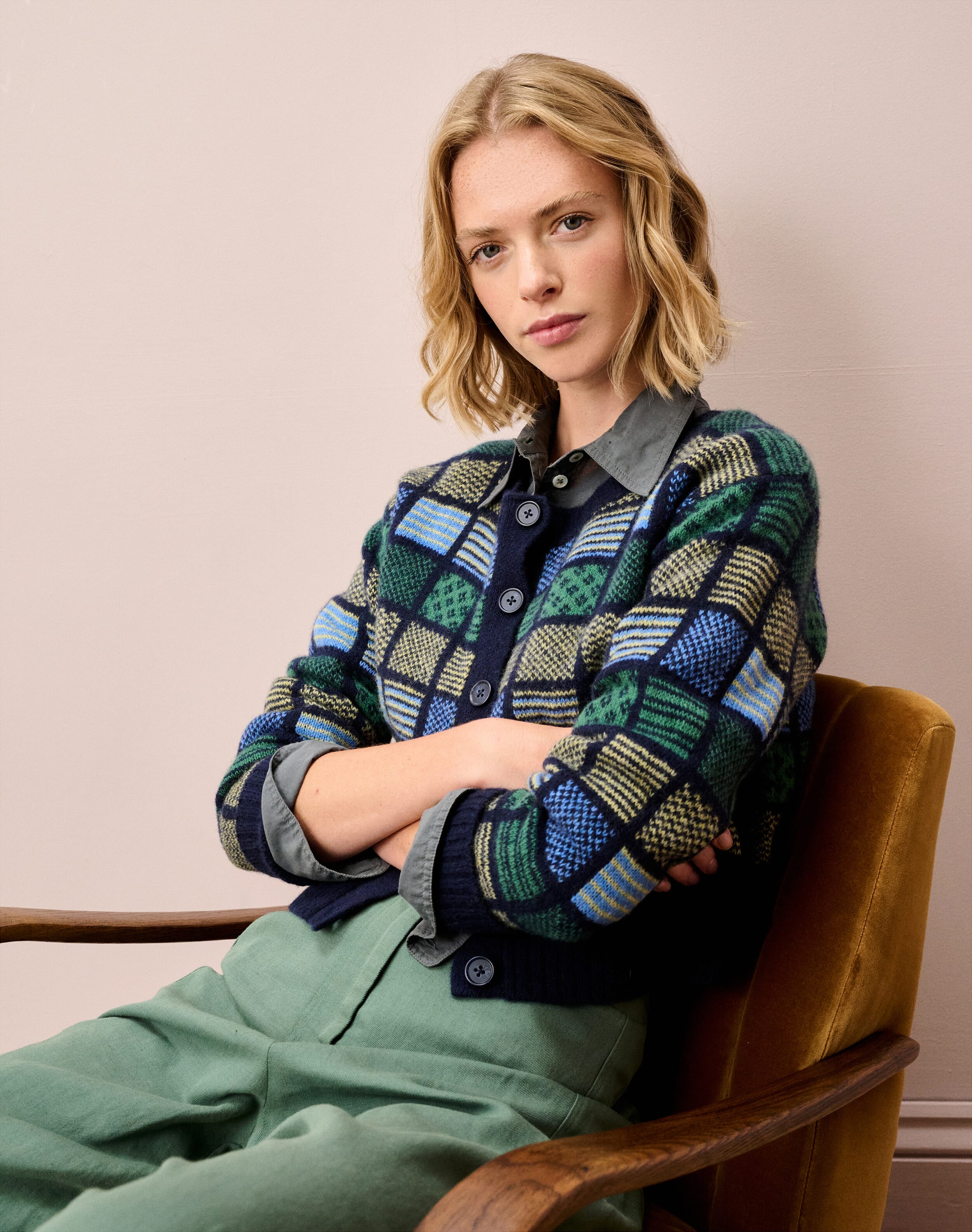 Brora Merino Lambswool Folk Cardigan Navy  - Size: 8-10