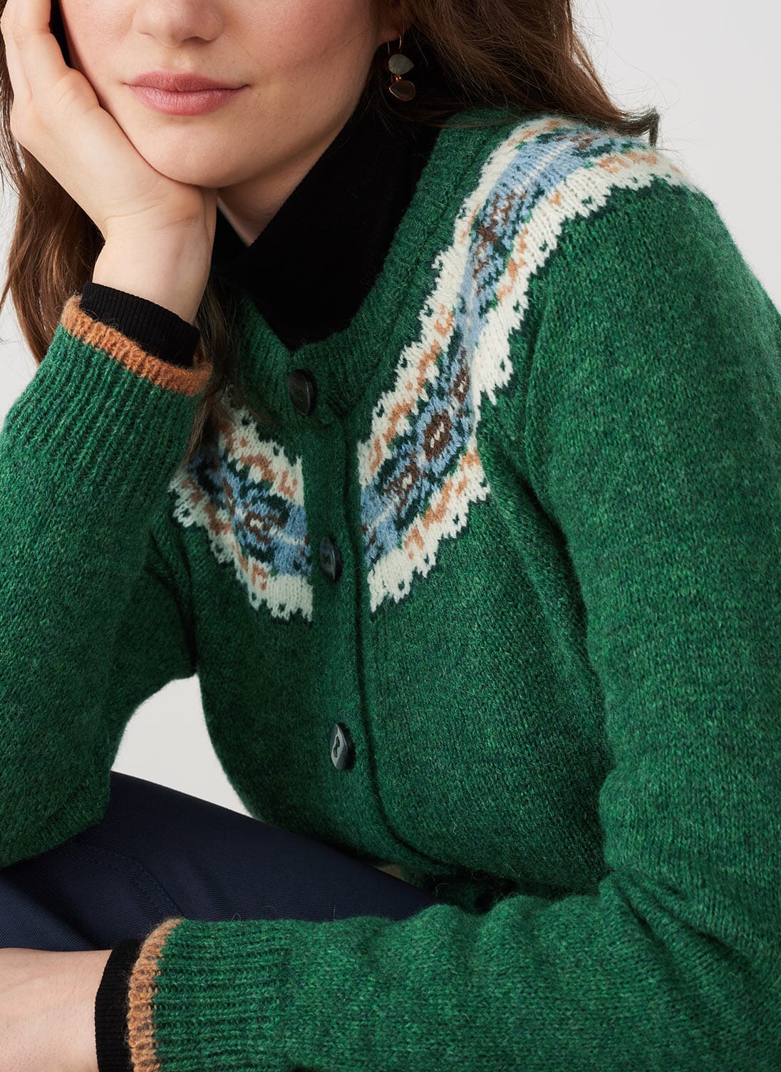 Emerald Wool Fair Isle Yoke Cardigan Women's Cardigans Brora