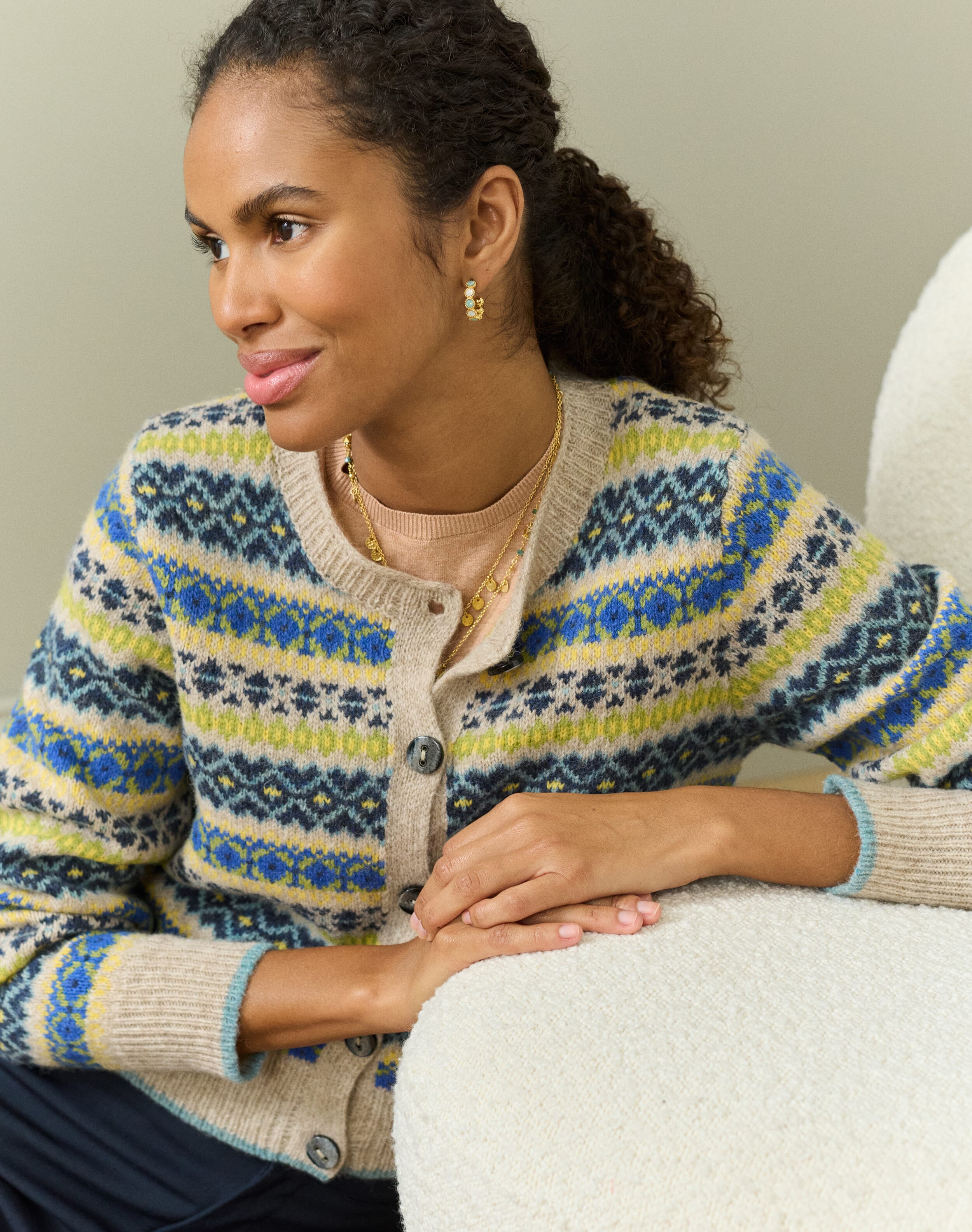 Brora Wool Fair Isle Cardigan Oatmeal  - Size: 18