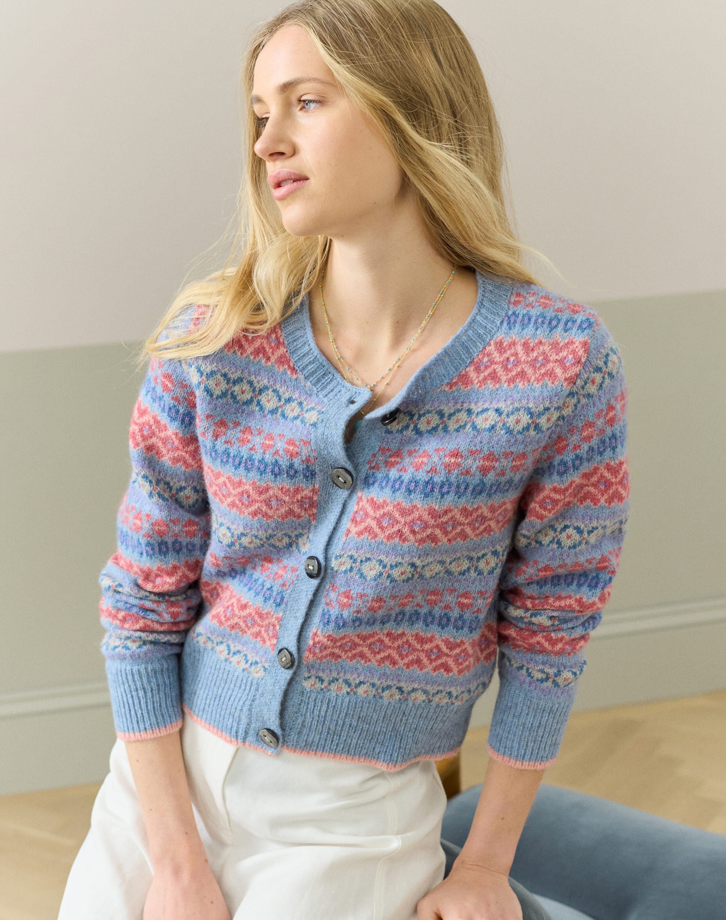 Brora Wool Fair Isle Cardigan Glacier  - Size: 16