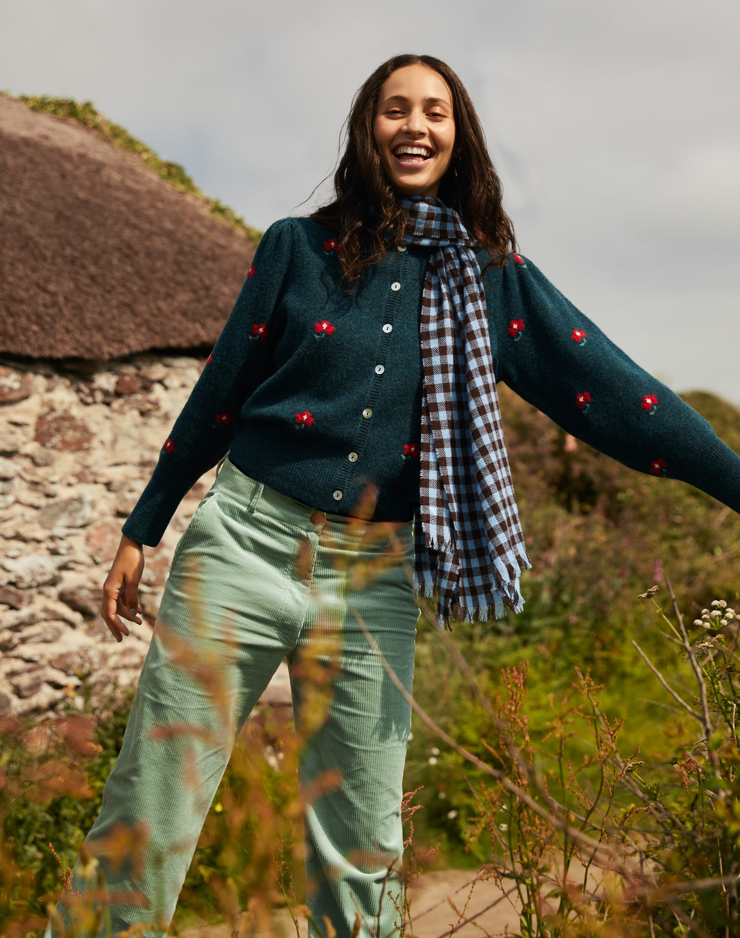 Brora Supersoft Lambswool Flower Cardigan Cedar