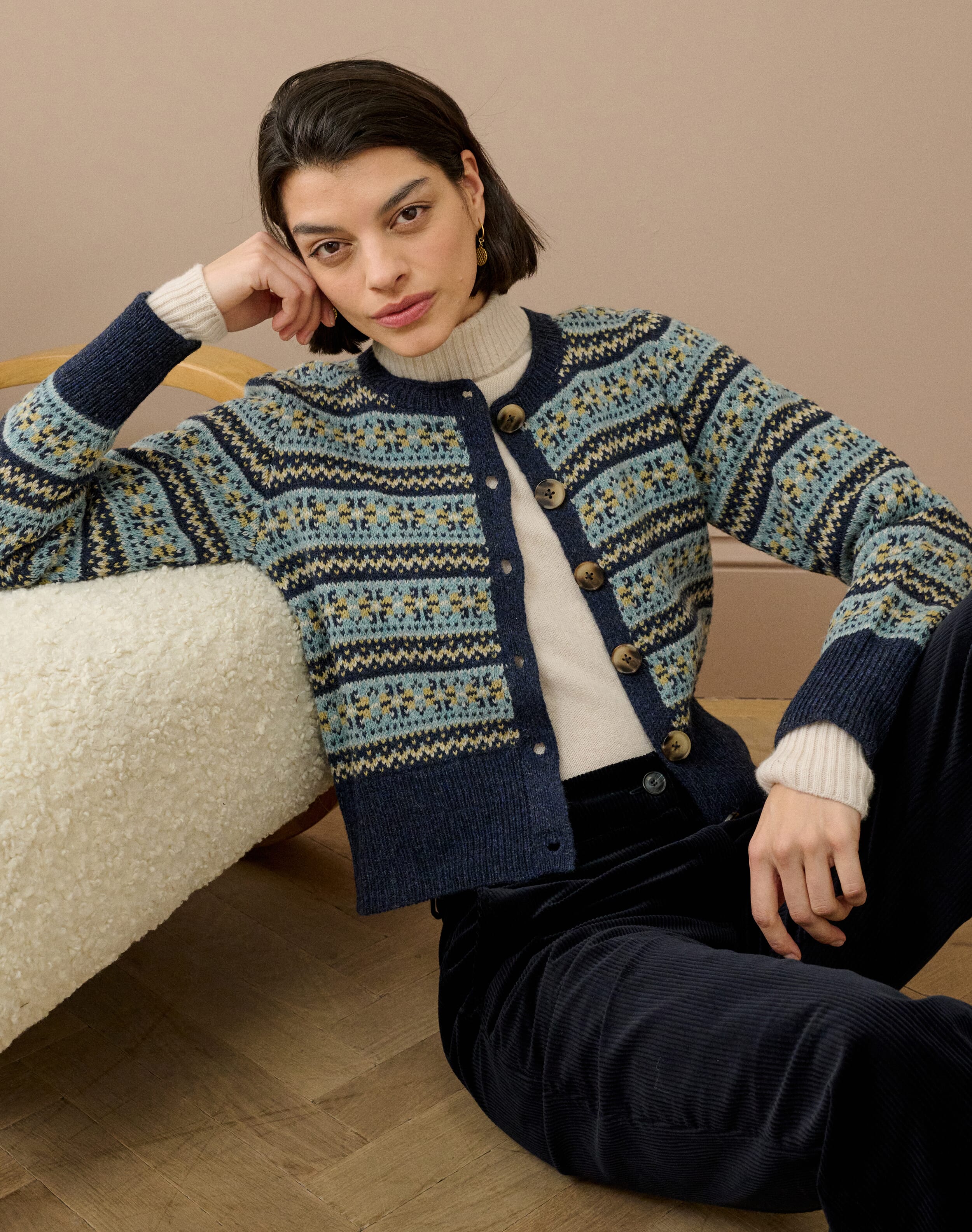 Brora Wool Fair Isle Cardigan Navy