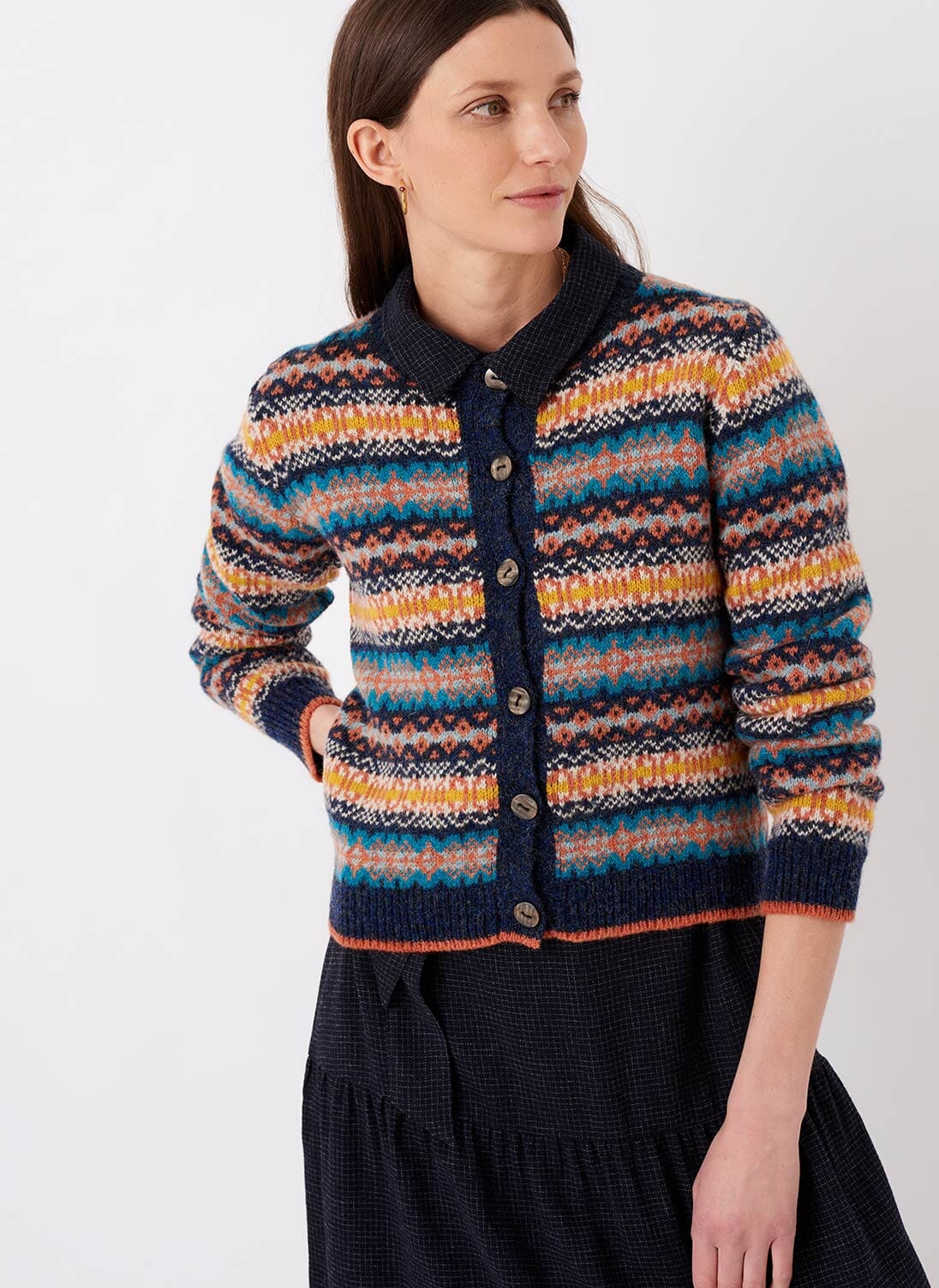 Navy Wool Fair Isle Cardigan | Women's Fair Isle | Brora