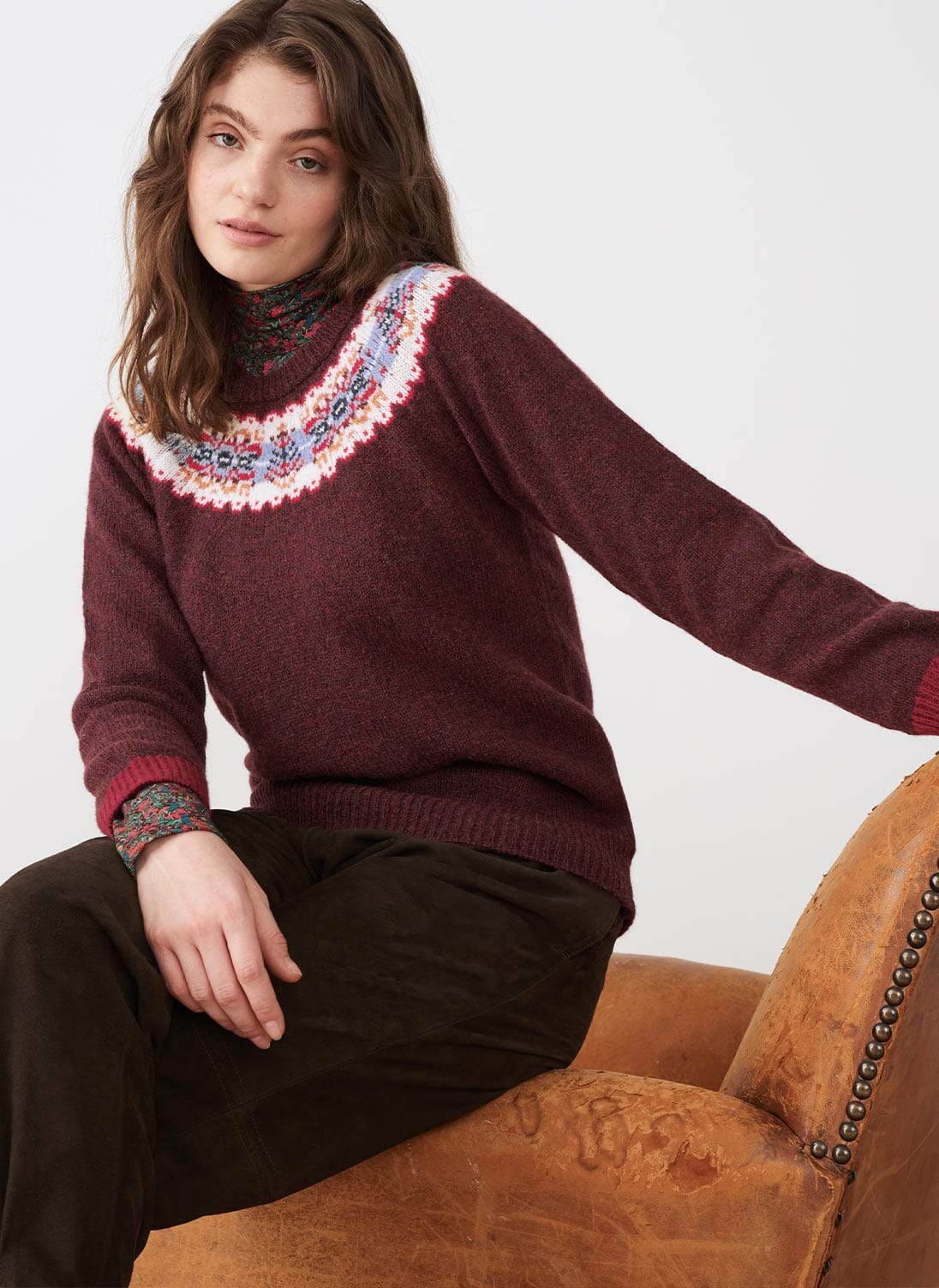 Bordeaux Wool Fair Isle Yoke Jumper Jumpers Brora Online