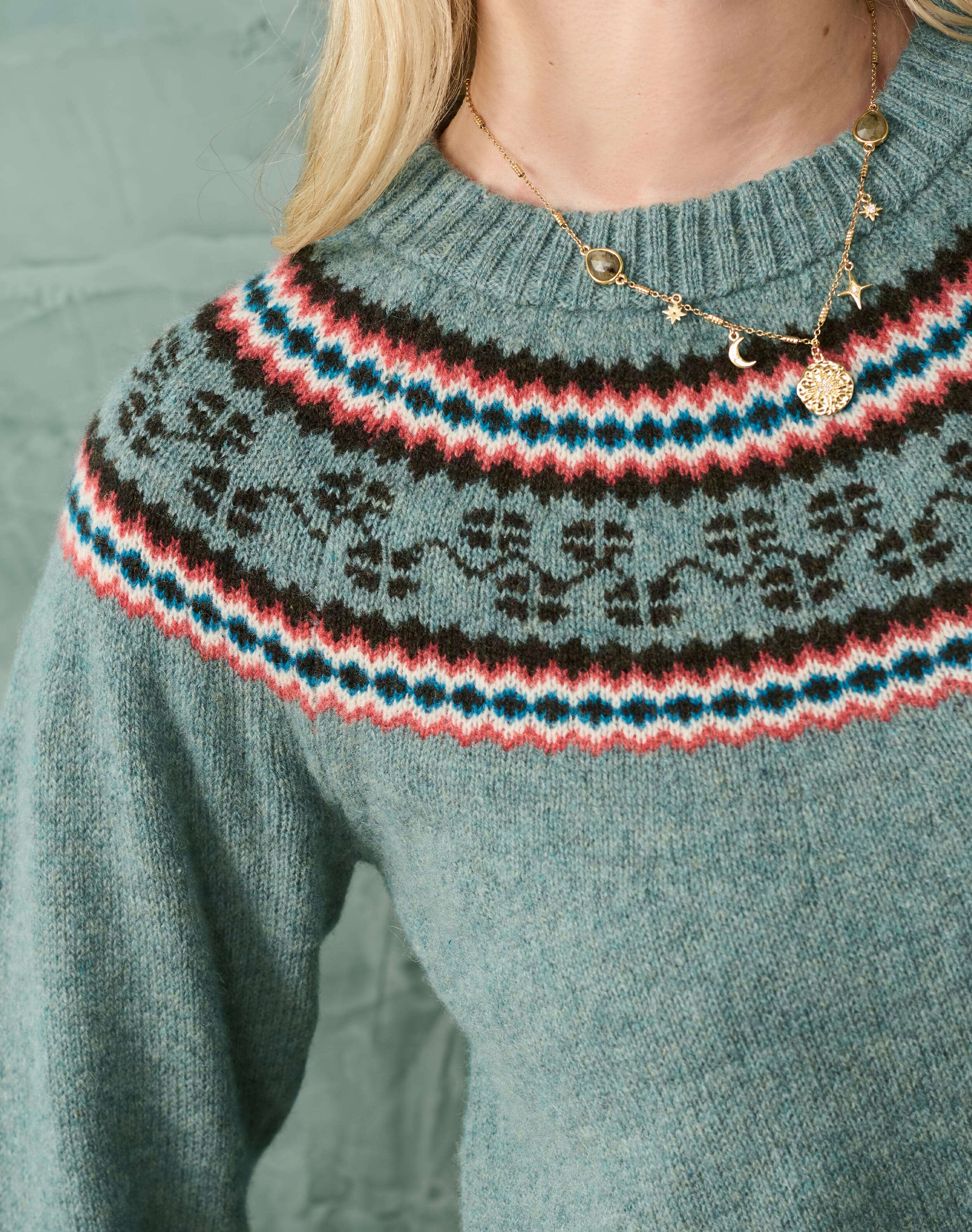 Blue Merino Lambswool Fair Isle Yoke Jumper Knitwear Brora