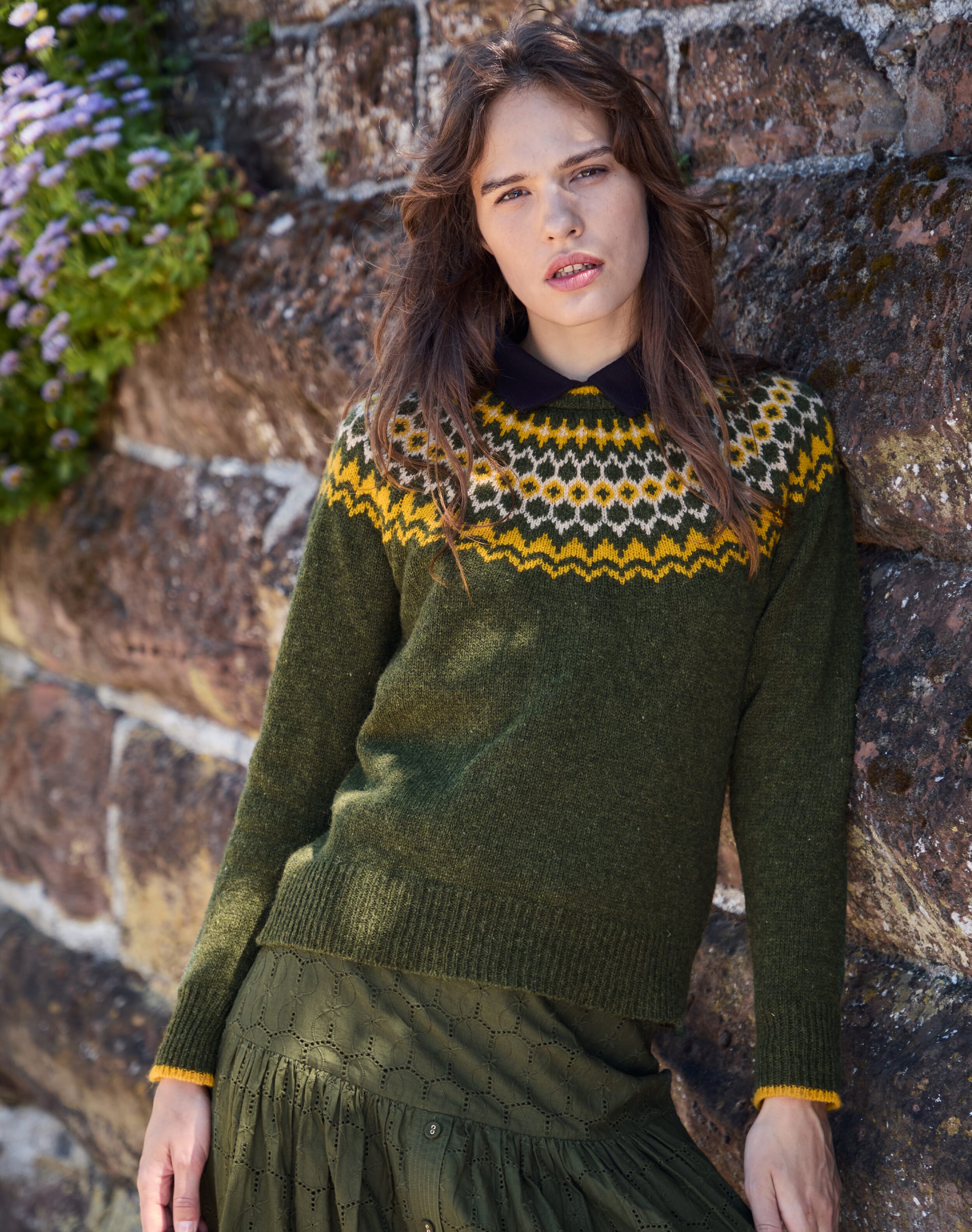 Wool Fair Isle Yoke Jumper Moss