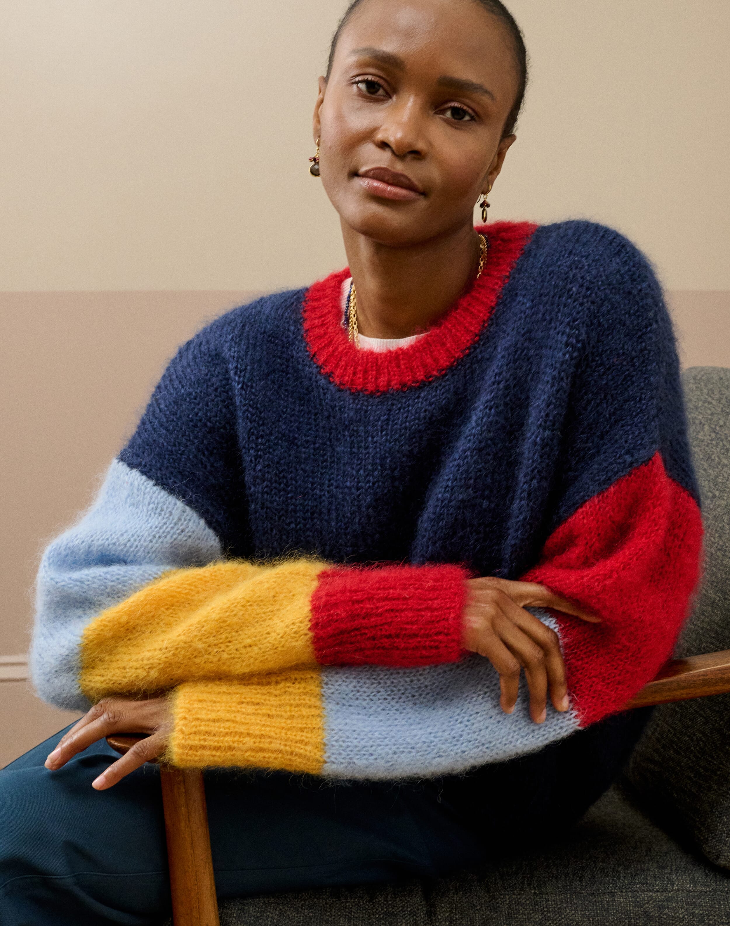 Brora Mohair Colour Block Jumper Navy