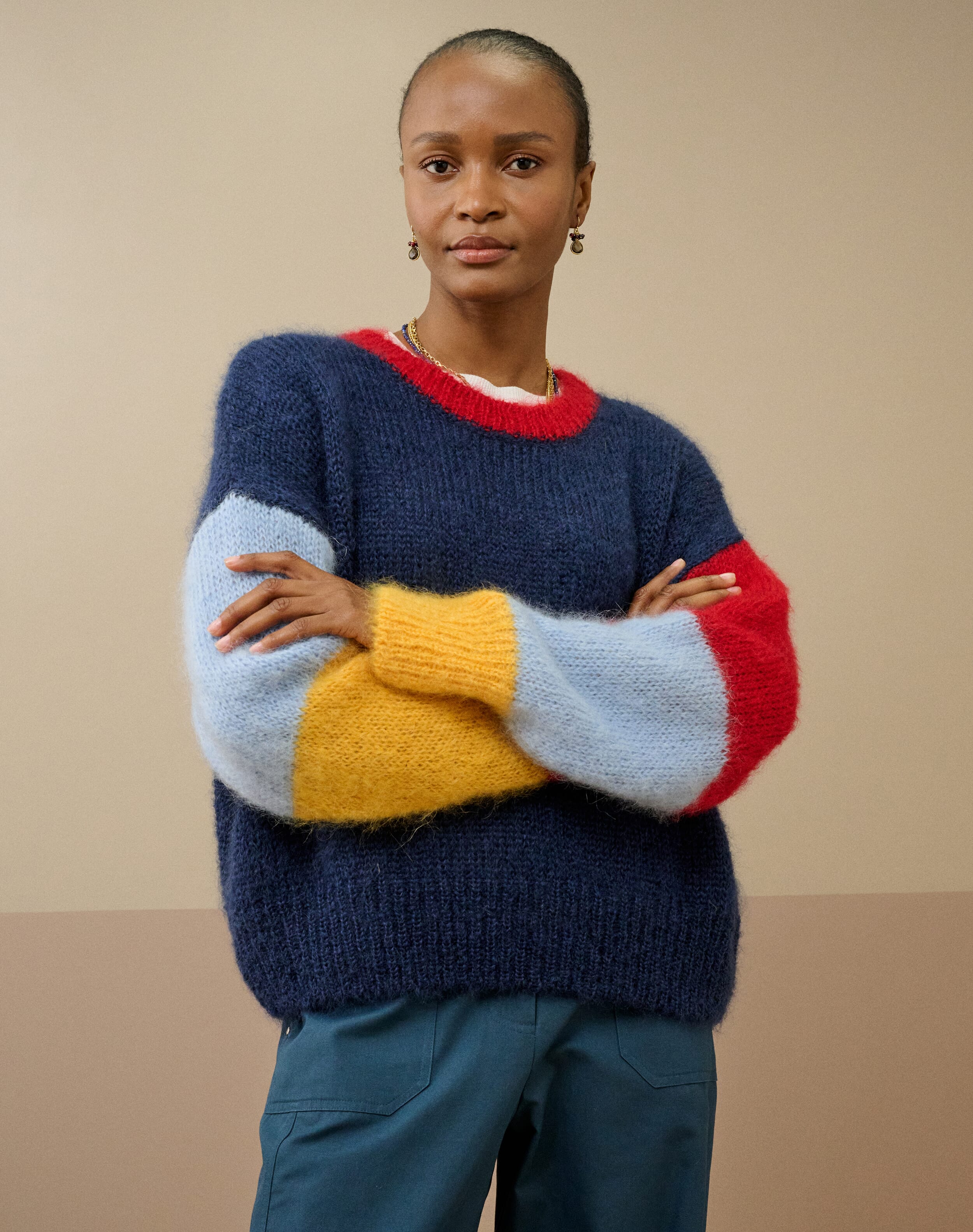 Mohair Colourblock Jumper in Navy | Brora Clearance