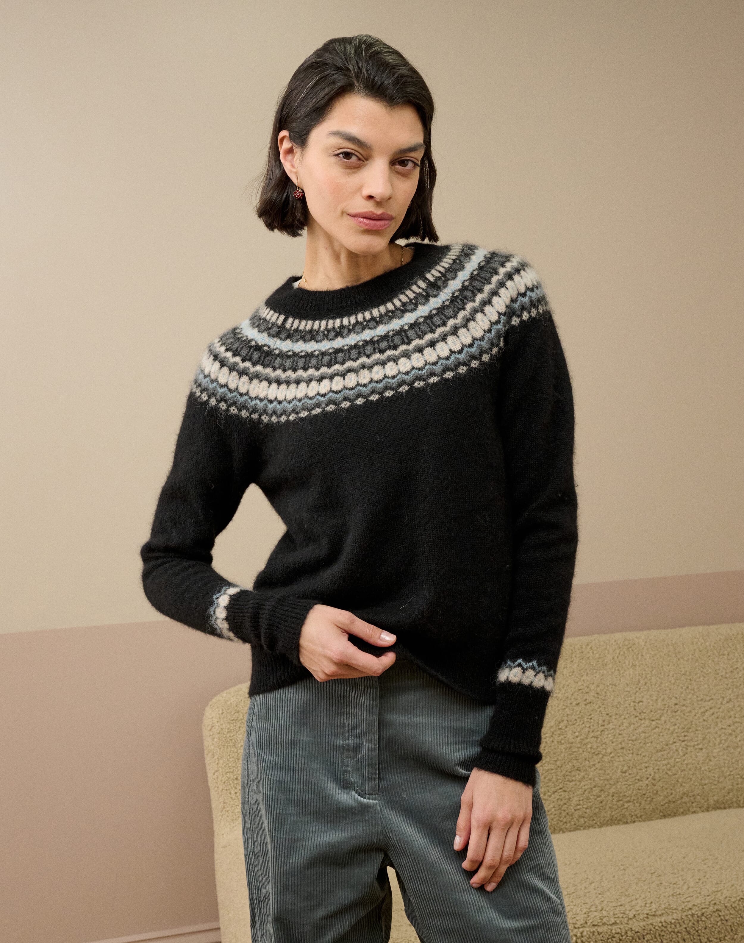 Alpaca Fair Isle Yoke Jumper in Black | Brora Clearance