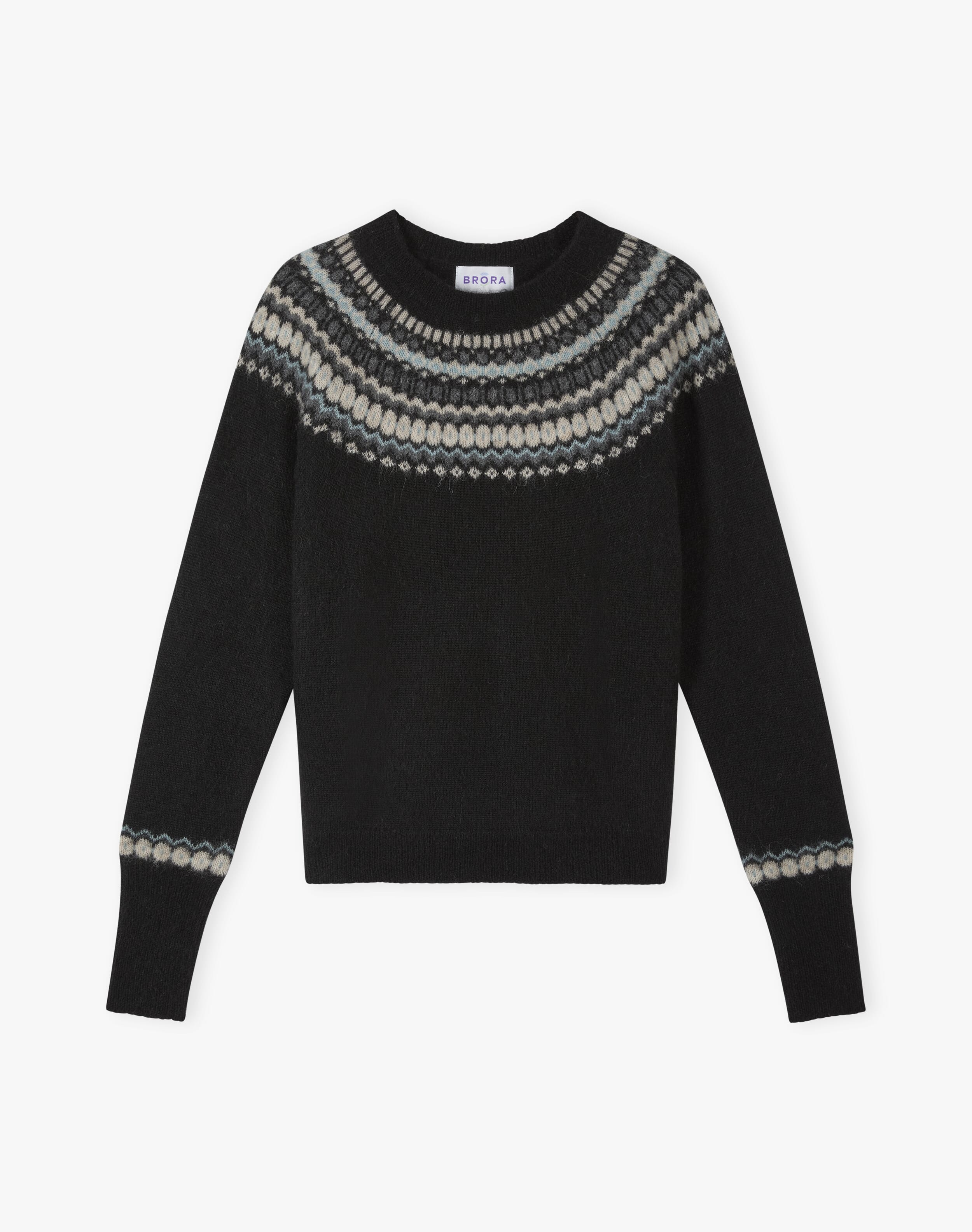 Alpaca Fair Isle Yoke Jumper in Black | Brora Clearance