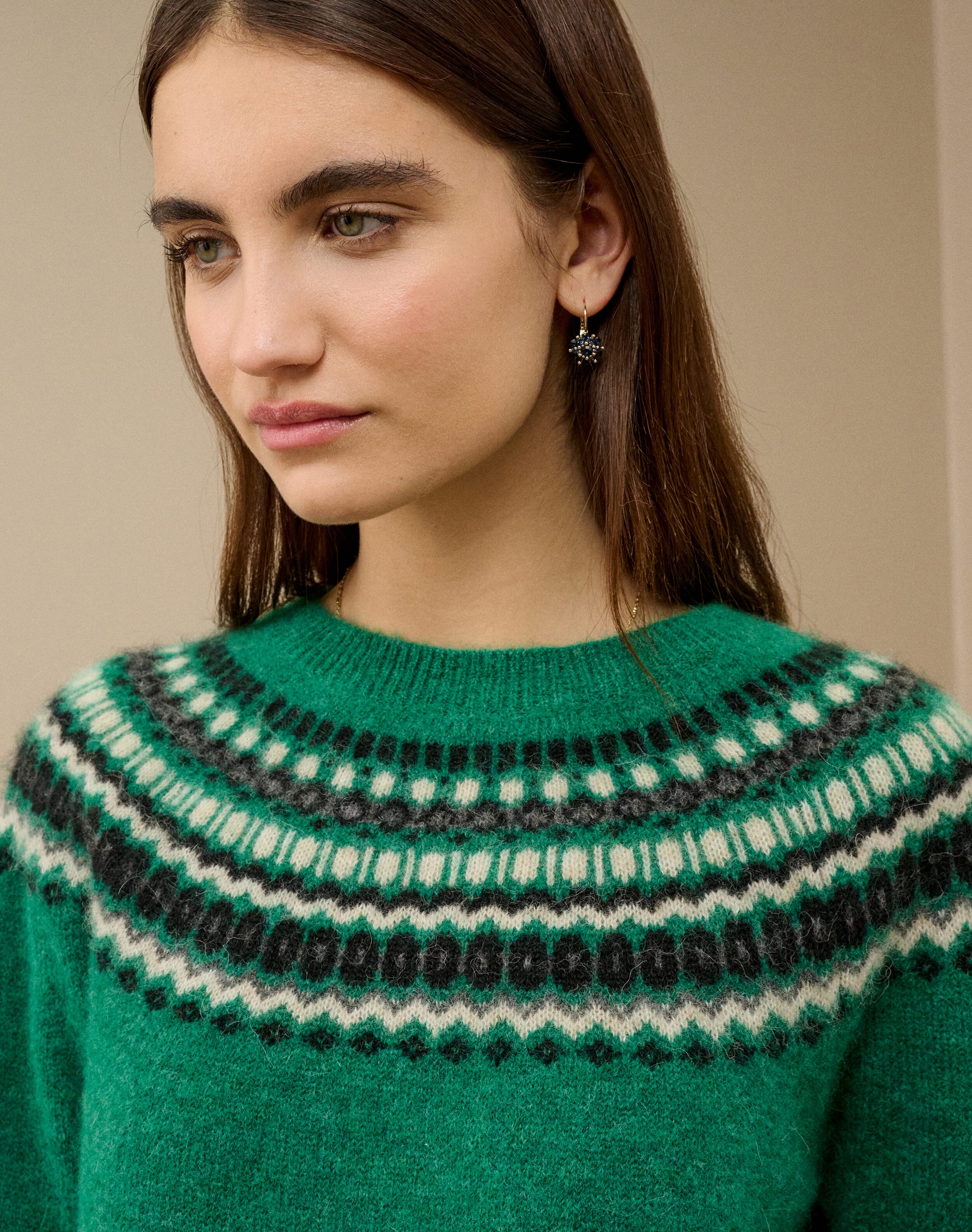 Alpaca Fair Isle Yoke Jumper in Emerald | Brora Clearance