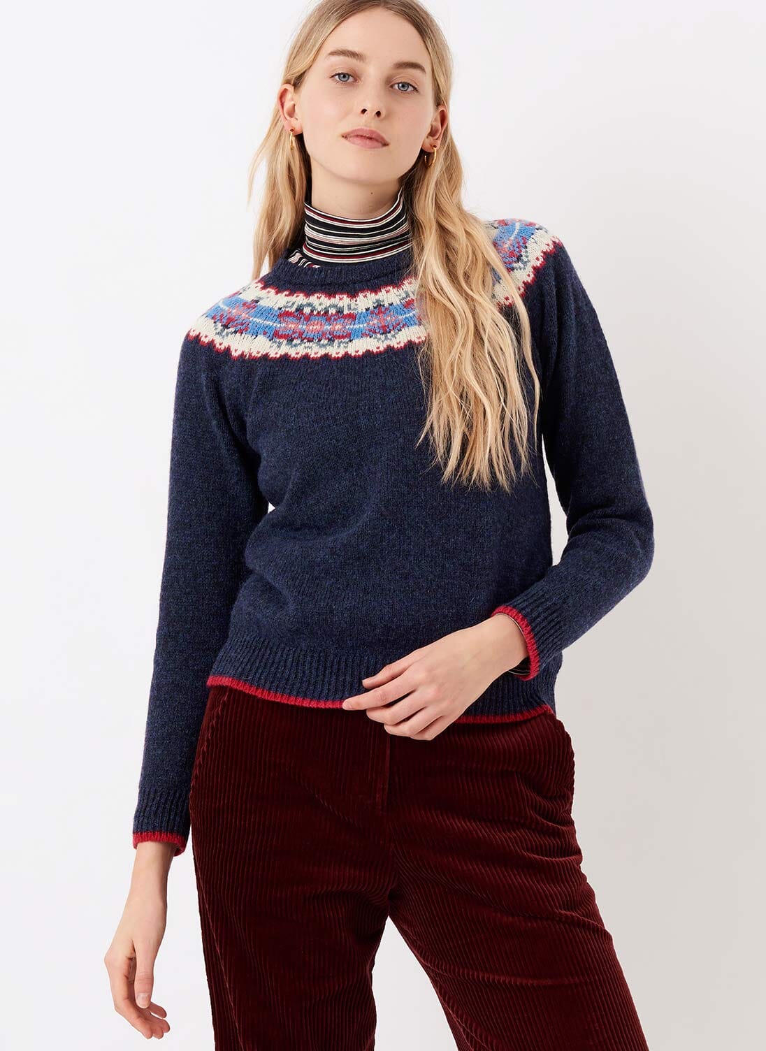 Navy Wool Fair Isle Yoke Jumper Women's Jumpers Brora
