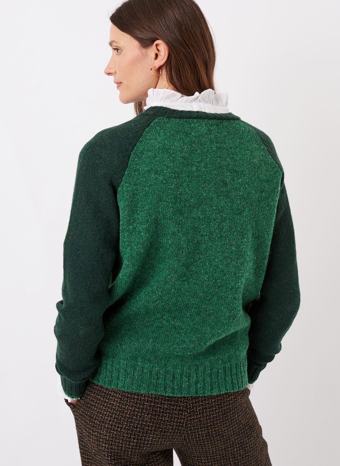 Women's Bottle Green & Emerald Wool Colour Block Jumper | Brora