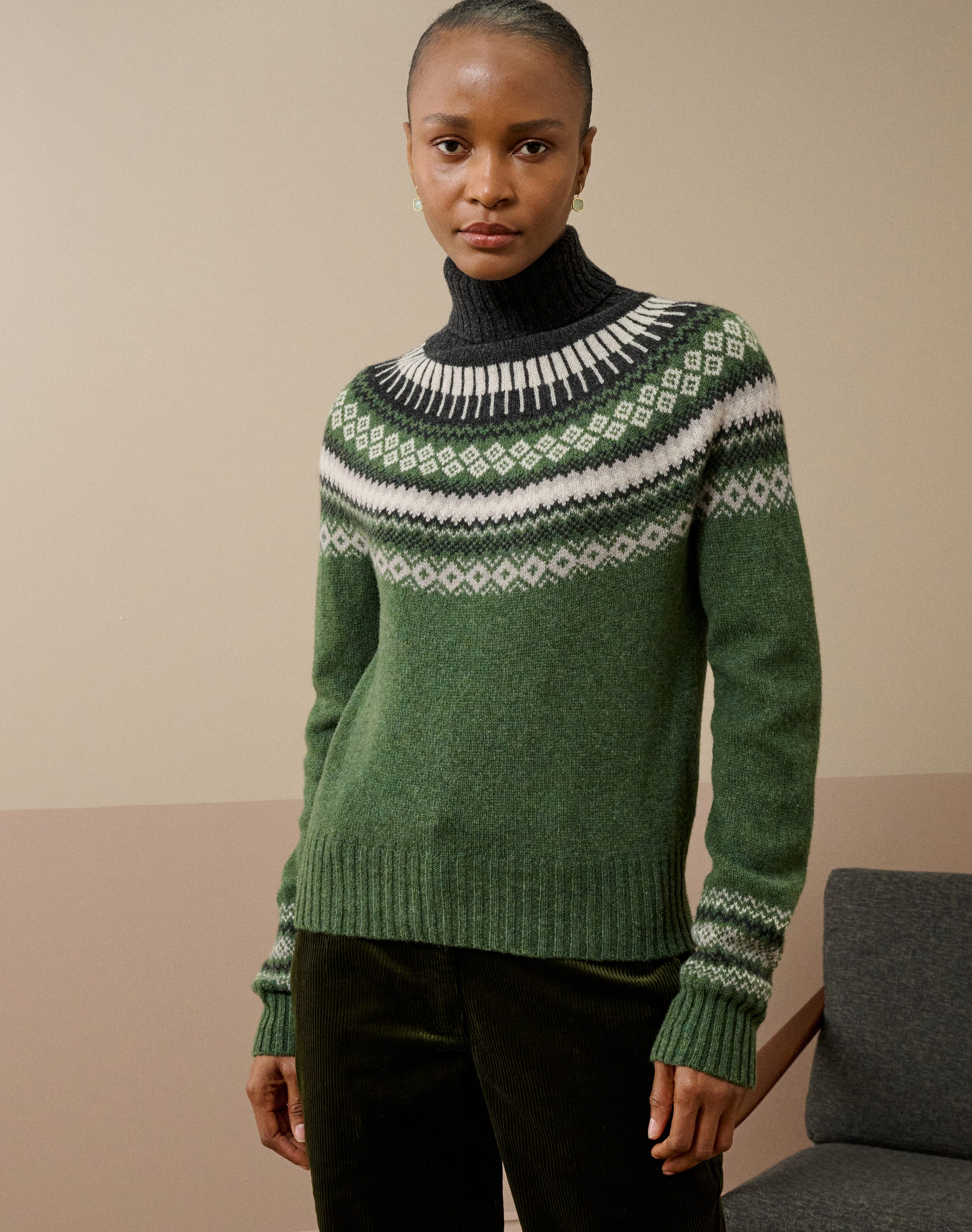 Supersoft Lambswool Fair Isle Polo in Tarragon | Brora Clearance