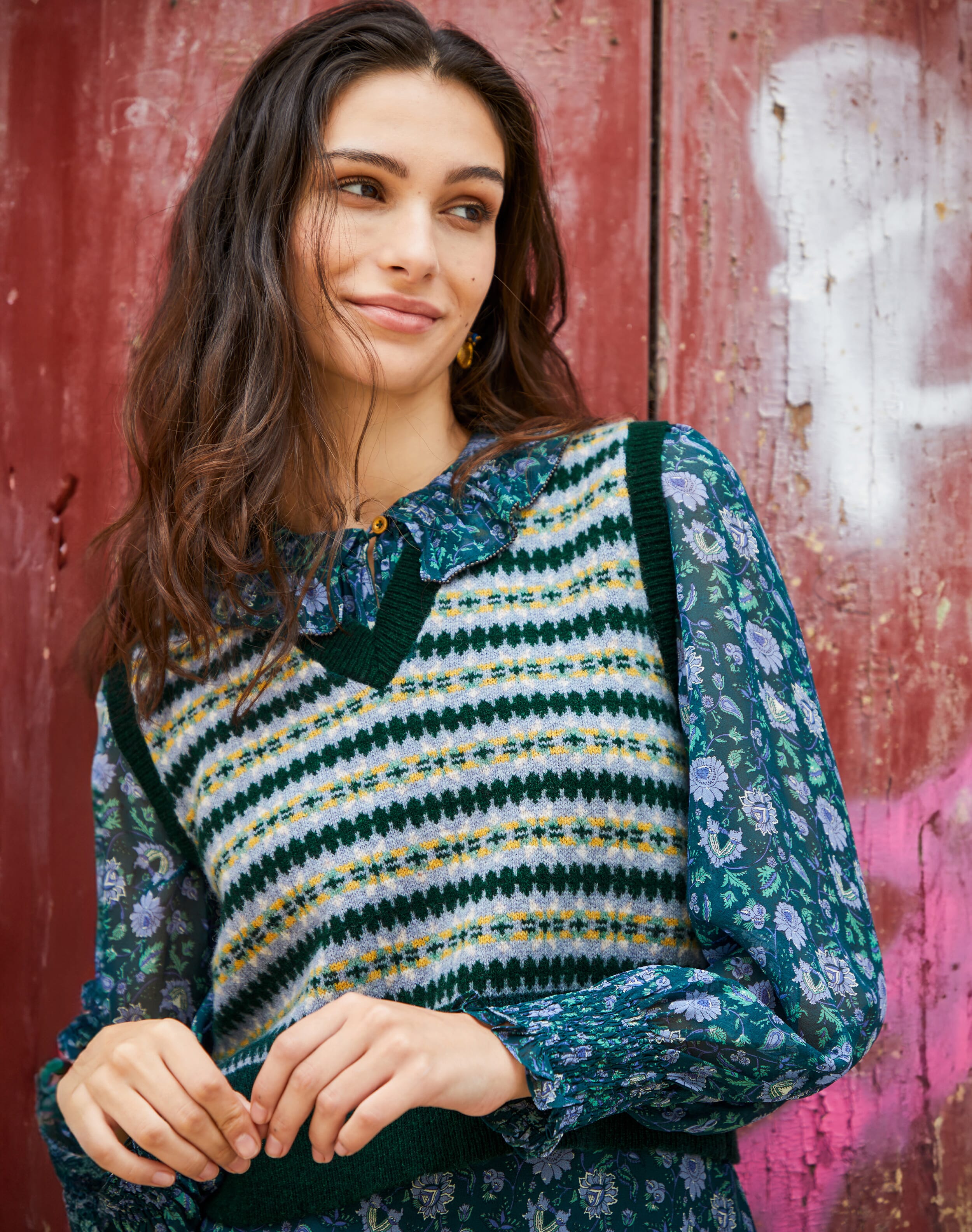 Brora Merino Lambswool Fair Isle Tank Pine