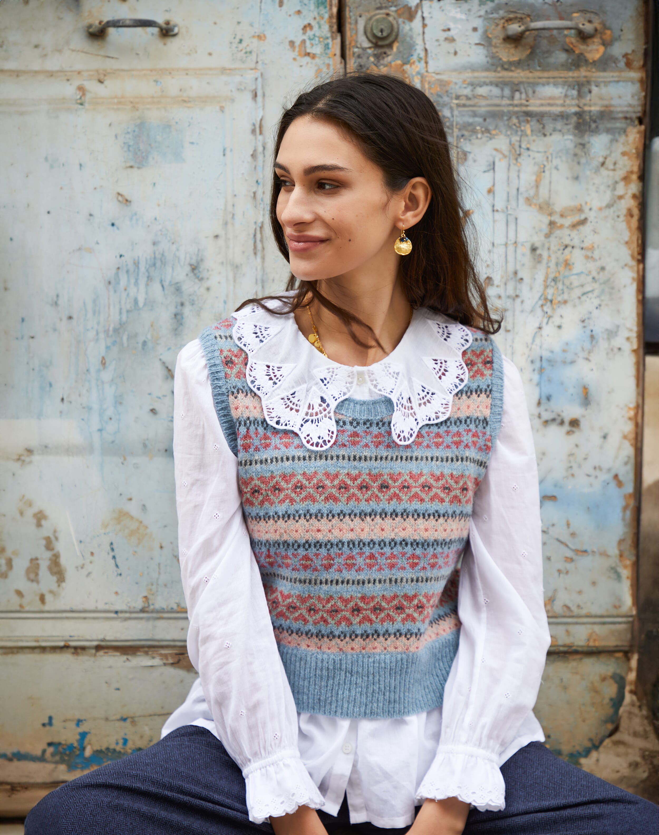 Brora Wool Fair Isle Tank Glacier