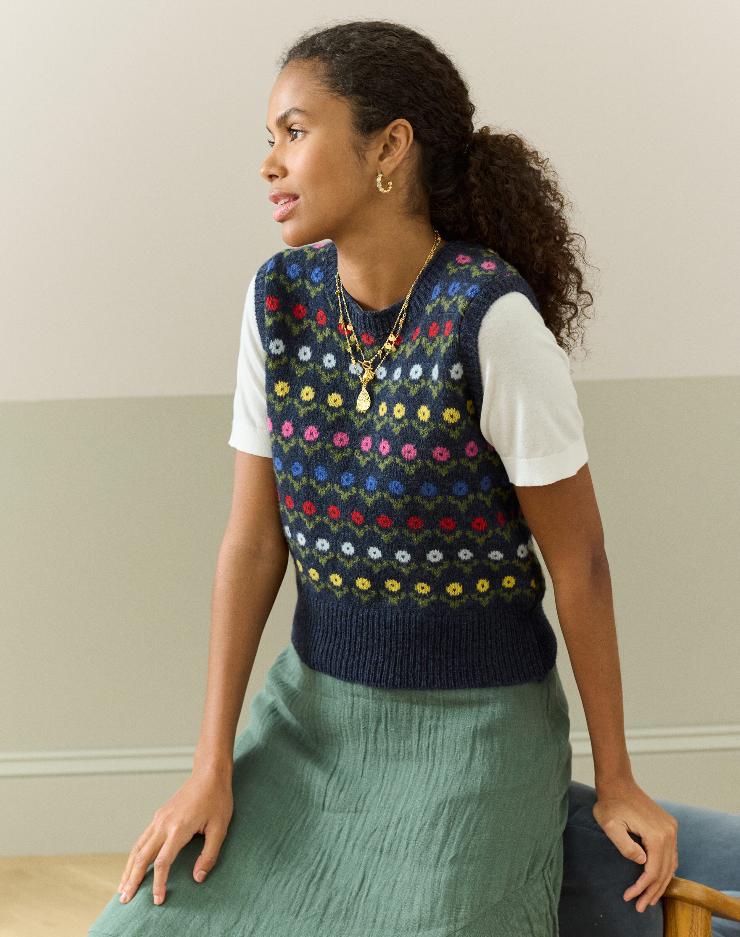 Brora Wool Folk Fair Isle Tank Navy  - Size: 10