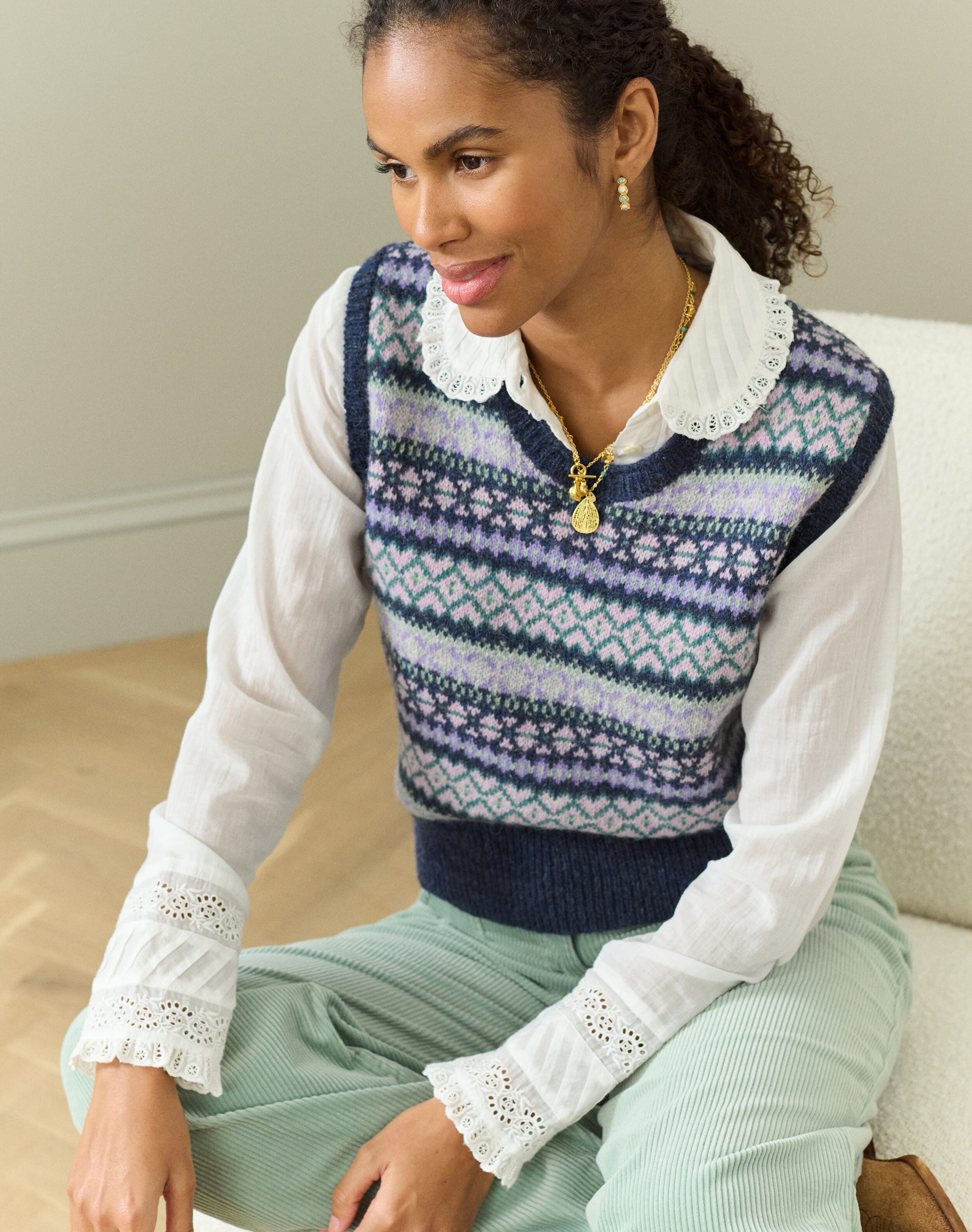 Brora Wool Fair Isle Tank Navy  - Size: 12