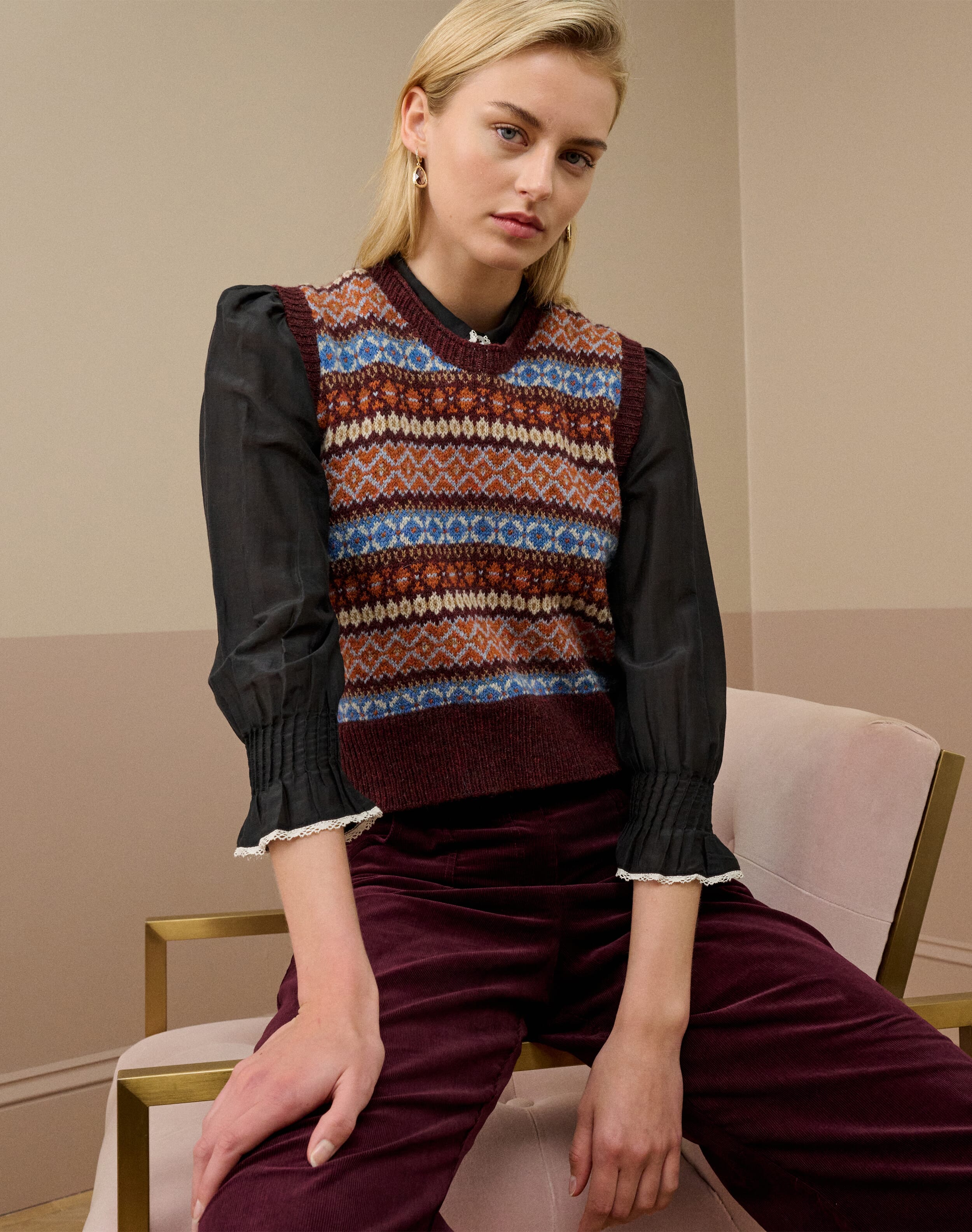 Wool Fair Isle Tank in Bordeaux | Brora Clearance | Womenswear