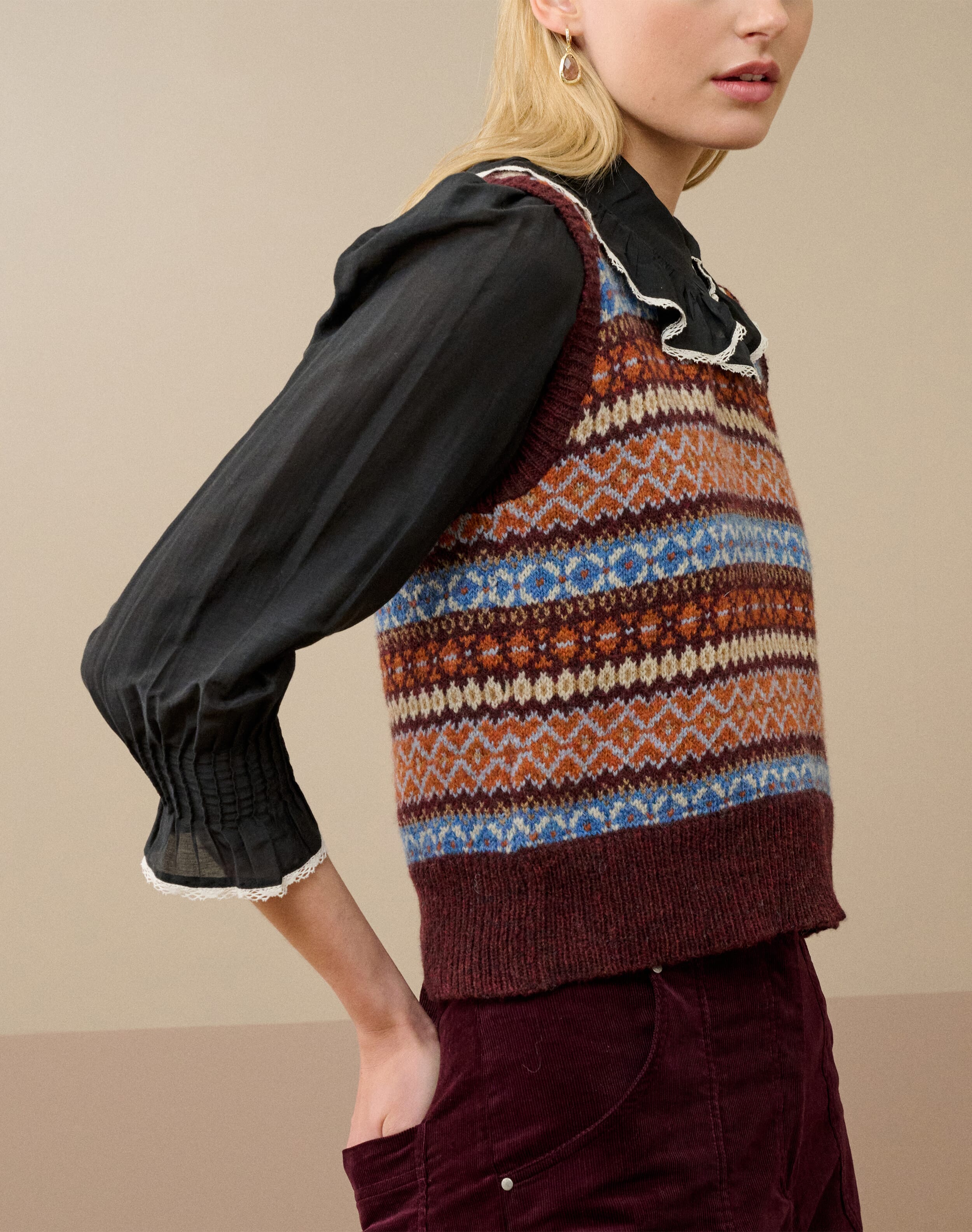 Wool Fair Isle Tank in Bordeaux | Brora Clearance | Womenswear