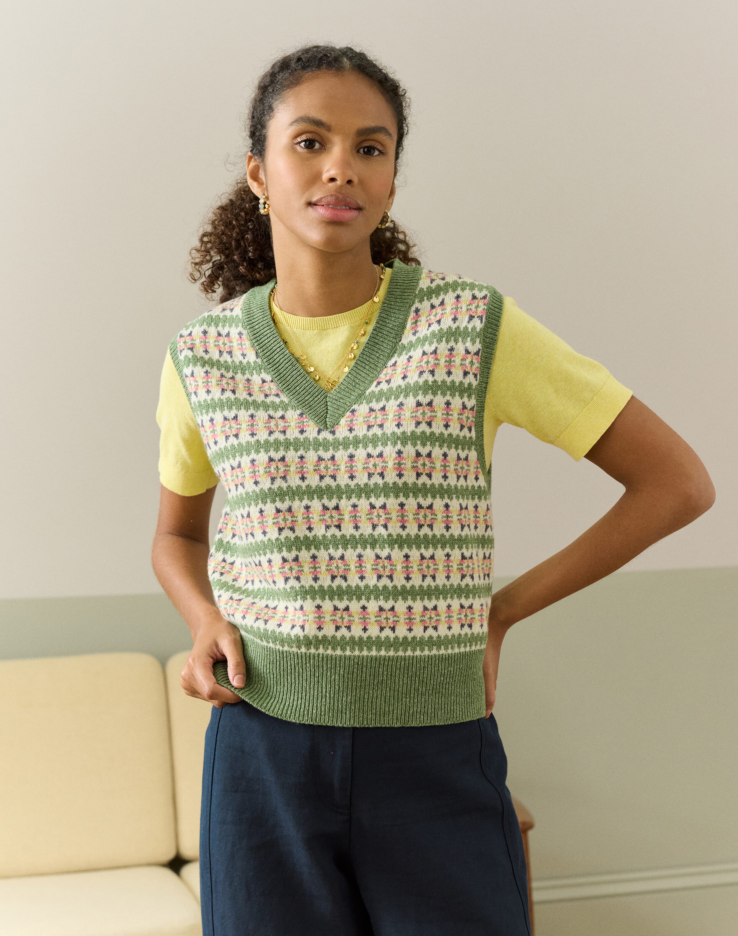 Lambswool Cotton Fair Isle Tank in Lichen | Brora Clearance
