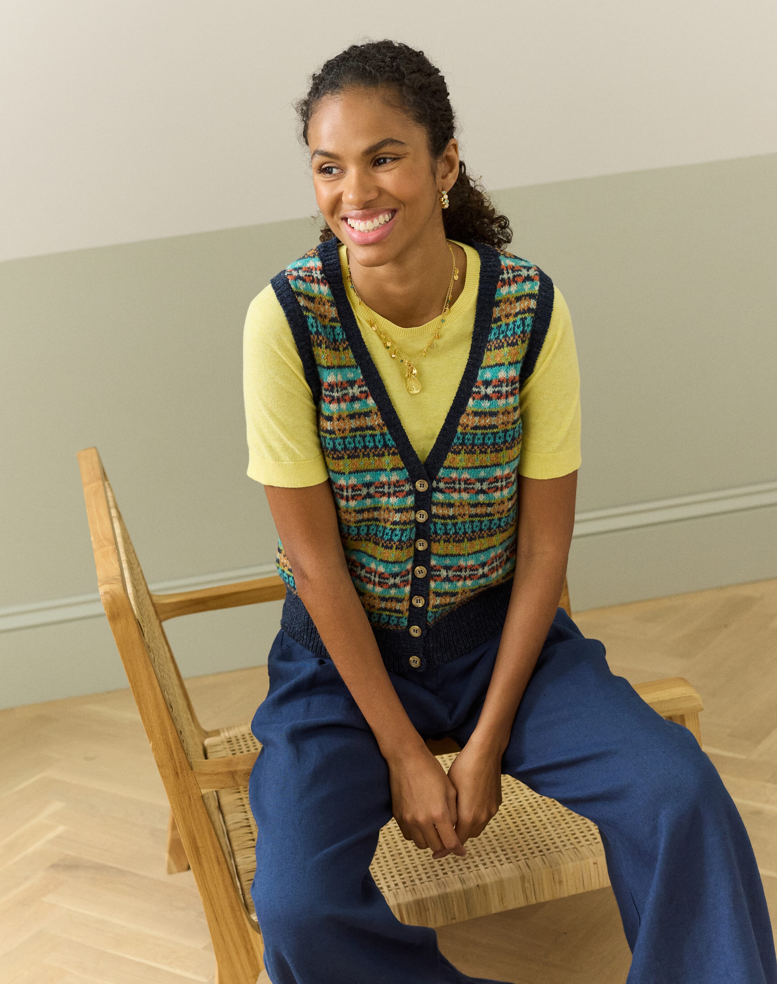 Brora Wool Fair Isle Sleeveless Cardigan Navy