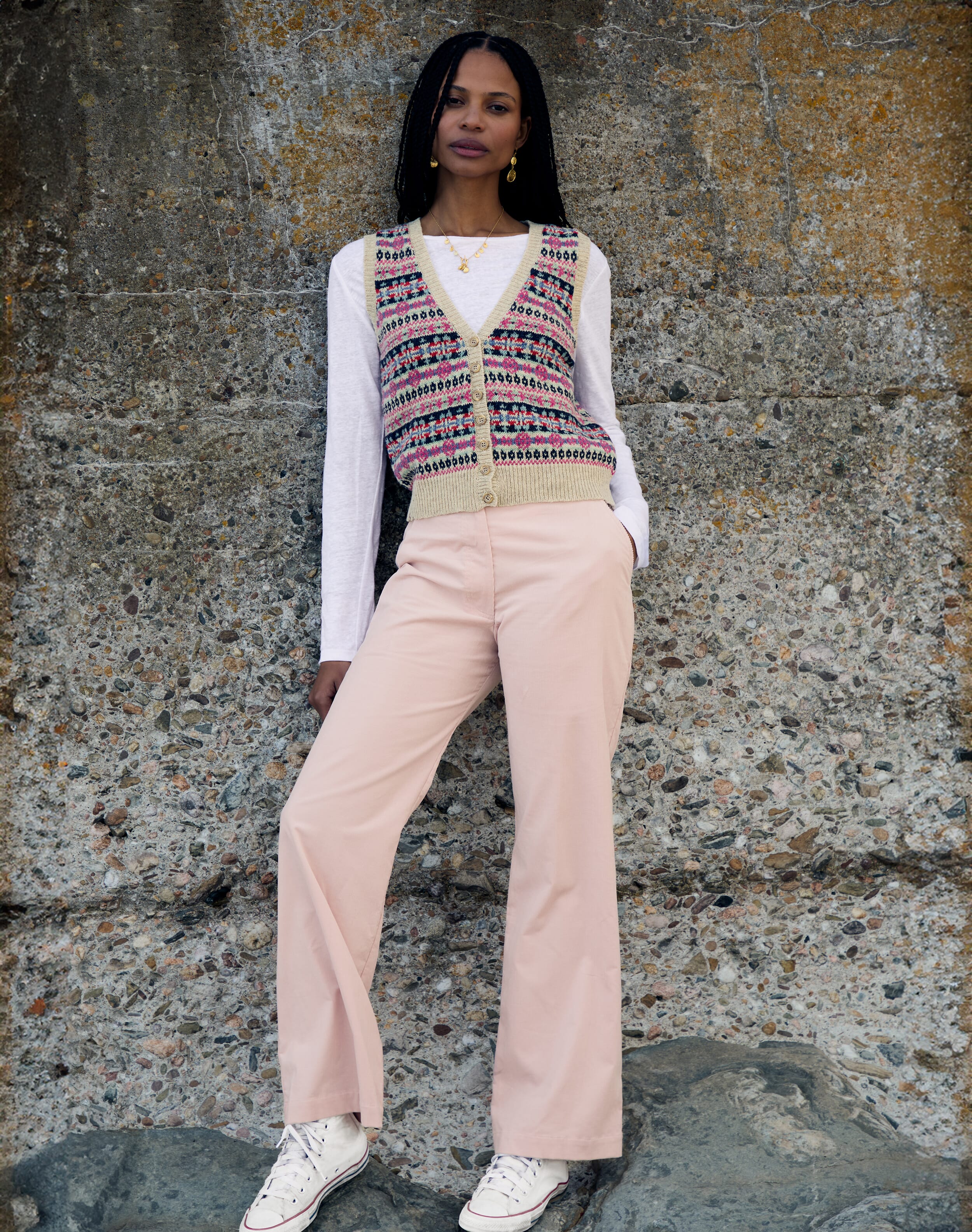 Wool Fair Isle Sleeveless Cardigan in Nougat | Women's | Brora
