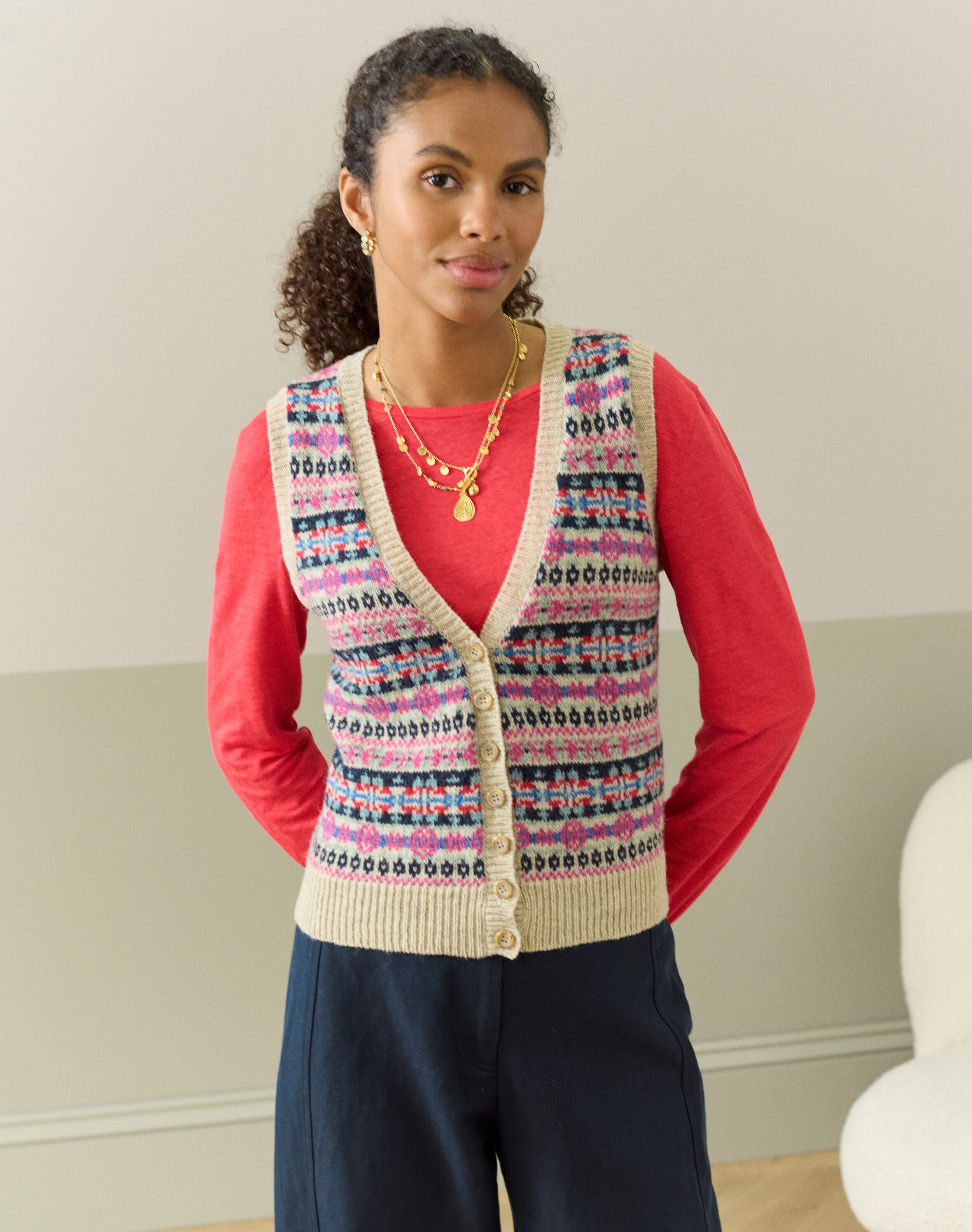 Wool Fair Isle Sleeveless Cardigan in Nougat | Women's | Brora