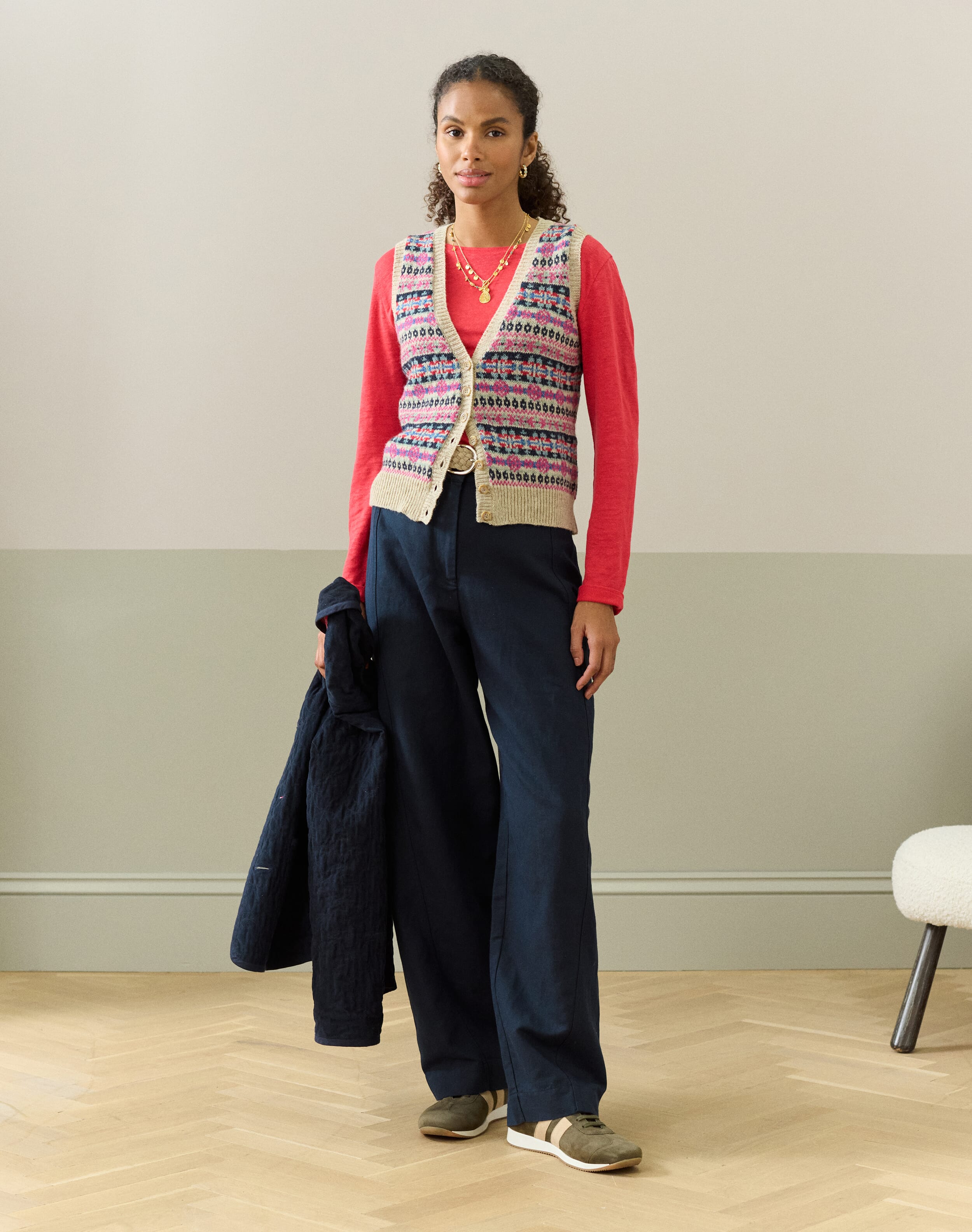Wool Fair Isle Sleeveless Cardigan in Nougat | Women's | Brora
